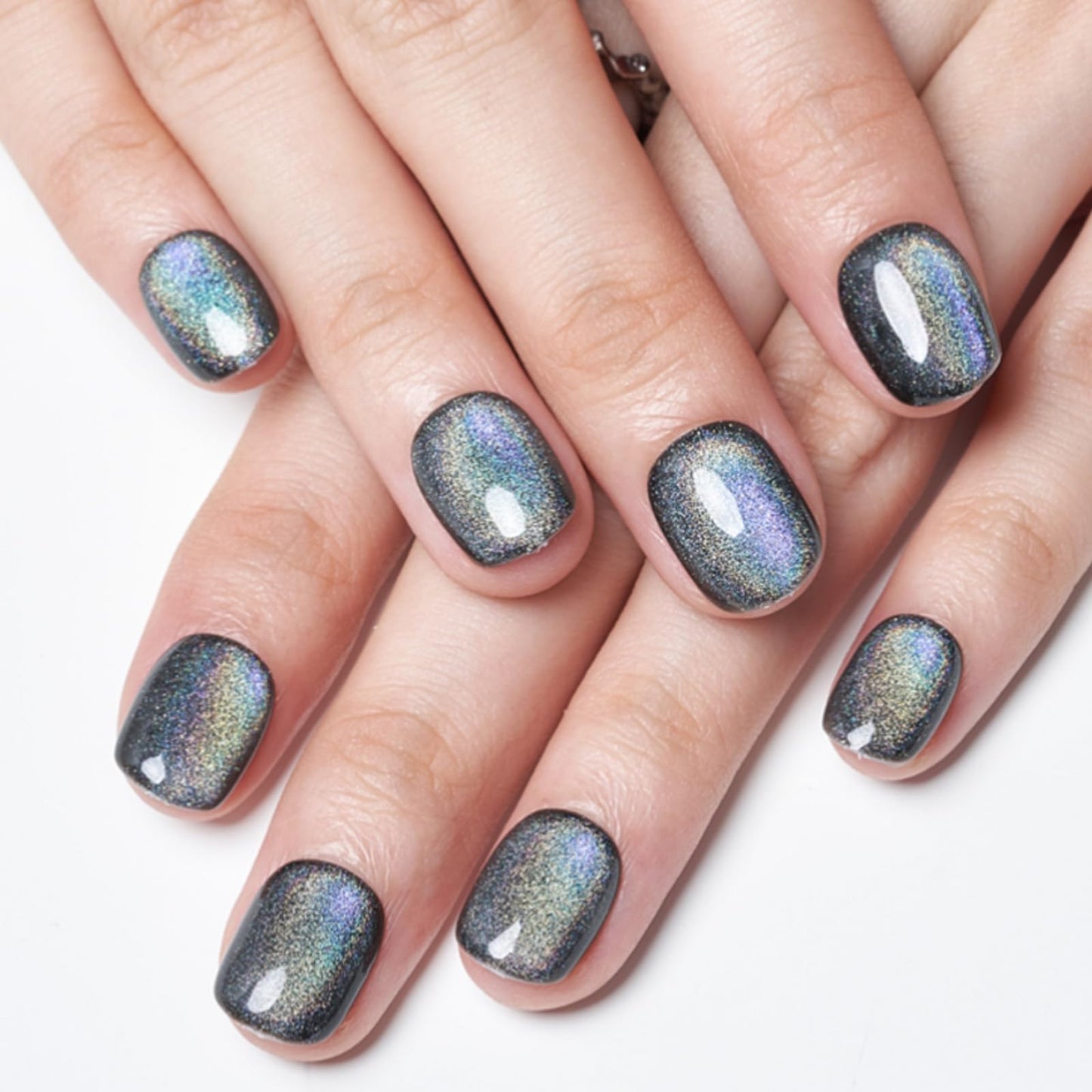 GLAMERMAID Press on Nails Extra Short Squoval, Handmade 2 Packds Pearl Chrome & Black Rainbow Gel Glue on Nails