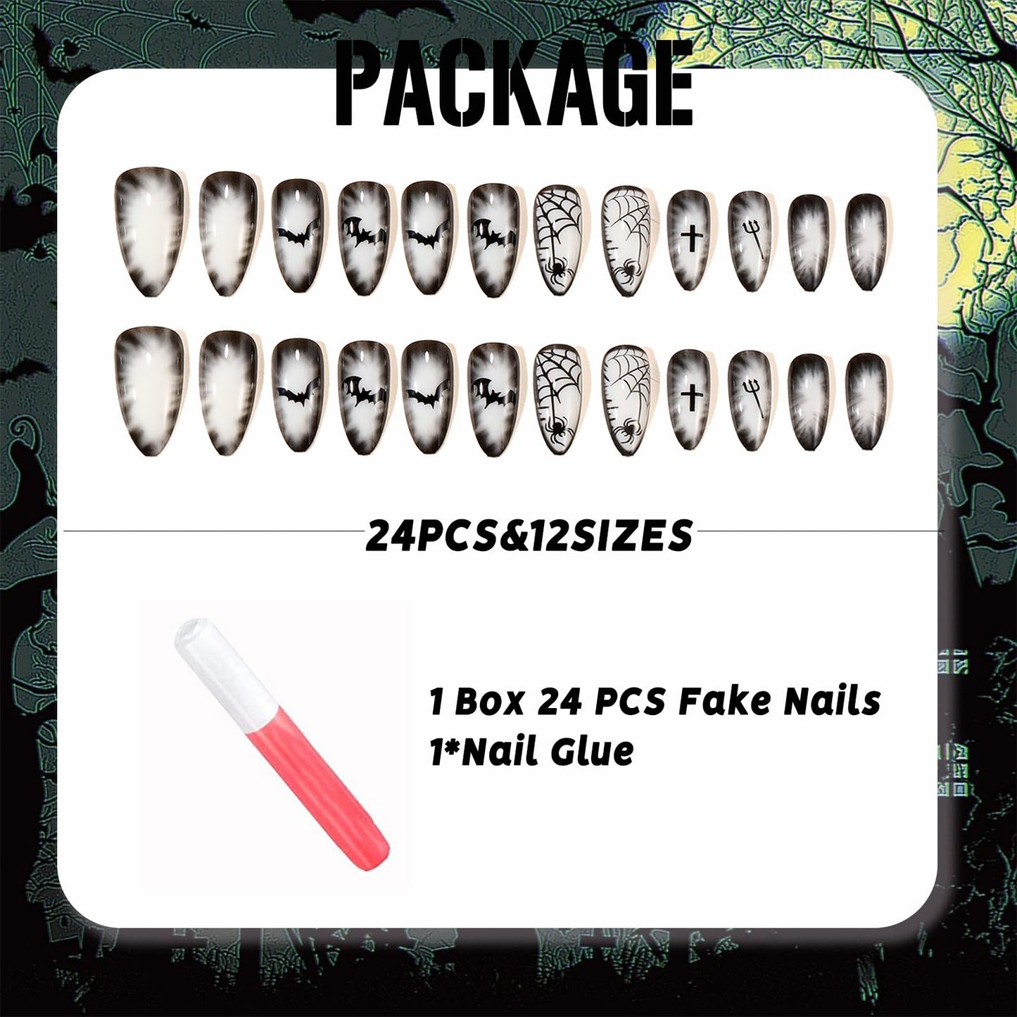 IMSOHOT Halloween Press on Nails Medium Almond Fake Nails Black French Tip False Nails with White Ombre & Ghost Designs Full Cover Acrylic Glue on Nails