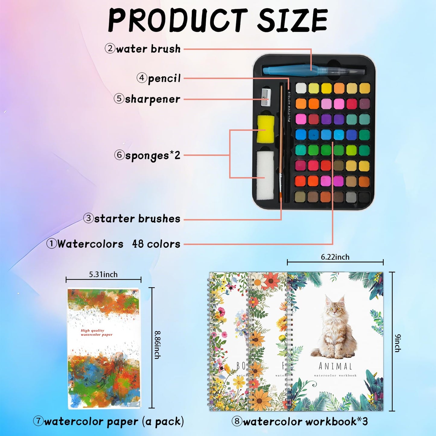 Watercolor Kit for Adults Beginners - 48 Colors Paint Set with 3 Workbooks & 3 Brushes, Step by Step Painting Guide, Create 30 Pictures in 30 Mins, All-in-One Art Supplies Gift