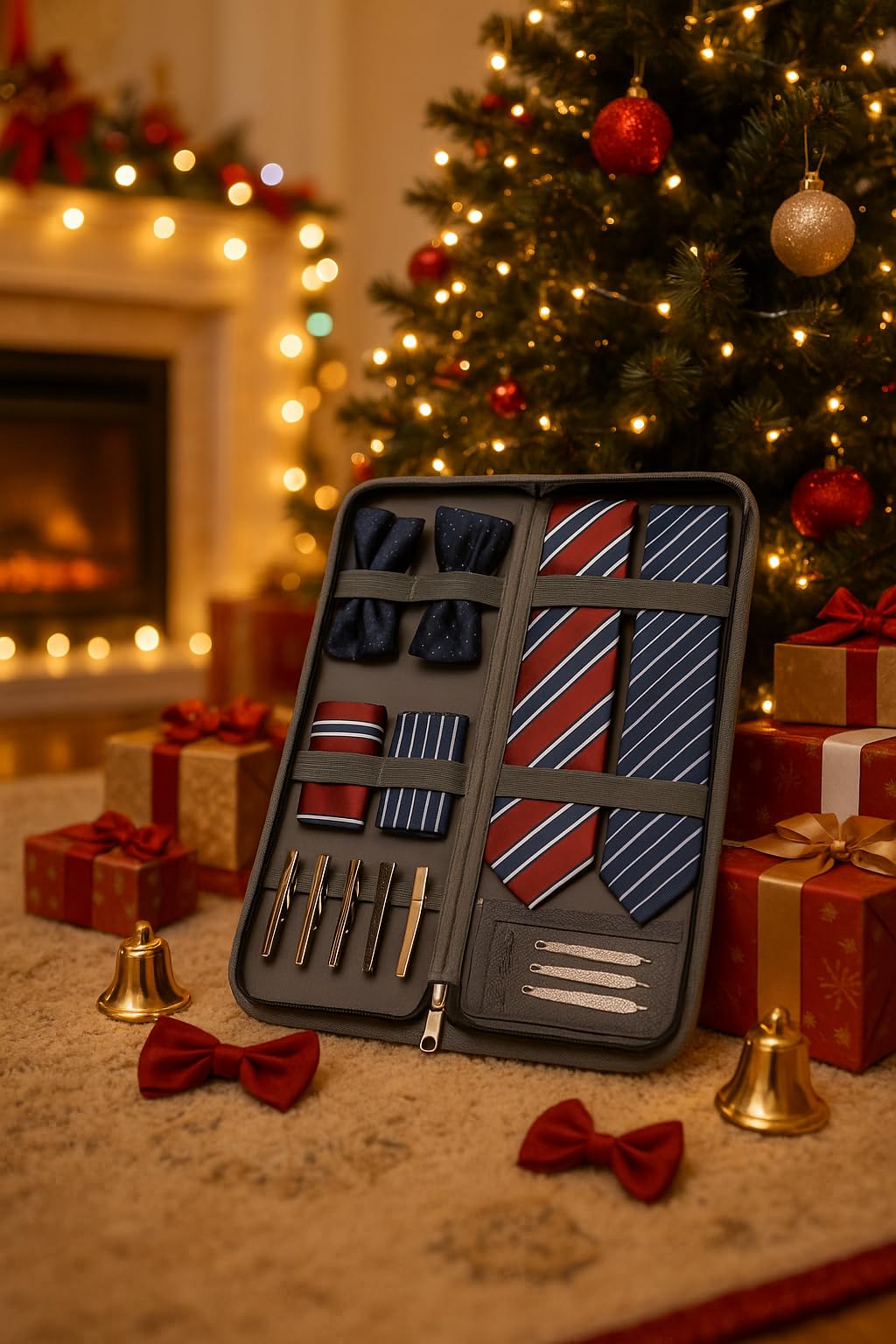 Modoker Tie Organizer Case Bag for Travel, Tie Holder Storage Box for Men Gift Necktie Carrier with Pockets for Cufflinks & Collar Stays, Rigid Anti-Wrinkle Ties Bag Fits 4–6 Ties, Grey