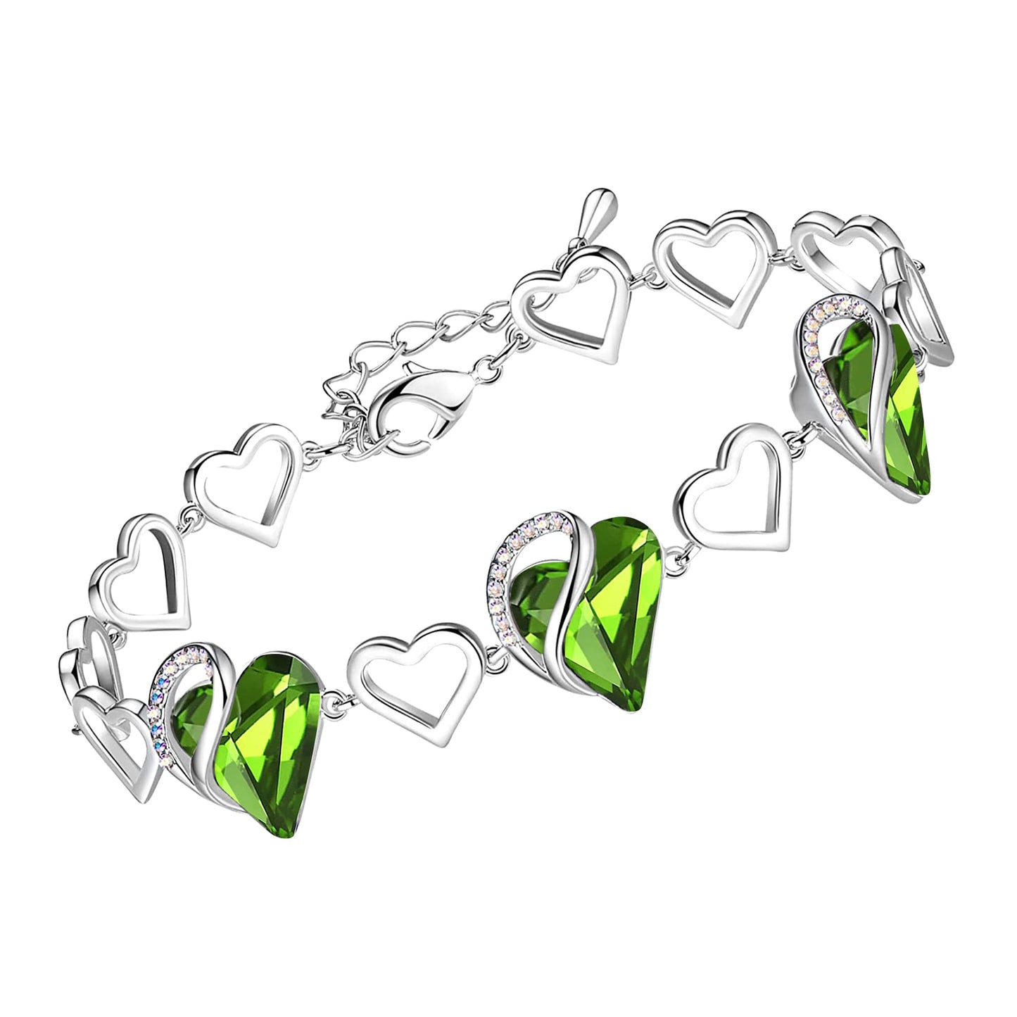 Leafael Infinity Love Heart Gift Bracelet for Women, August Birthstone Crystal, Peridot Green, Silver Tone, 7-inch Chain and 2-inch Extender