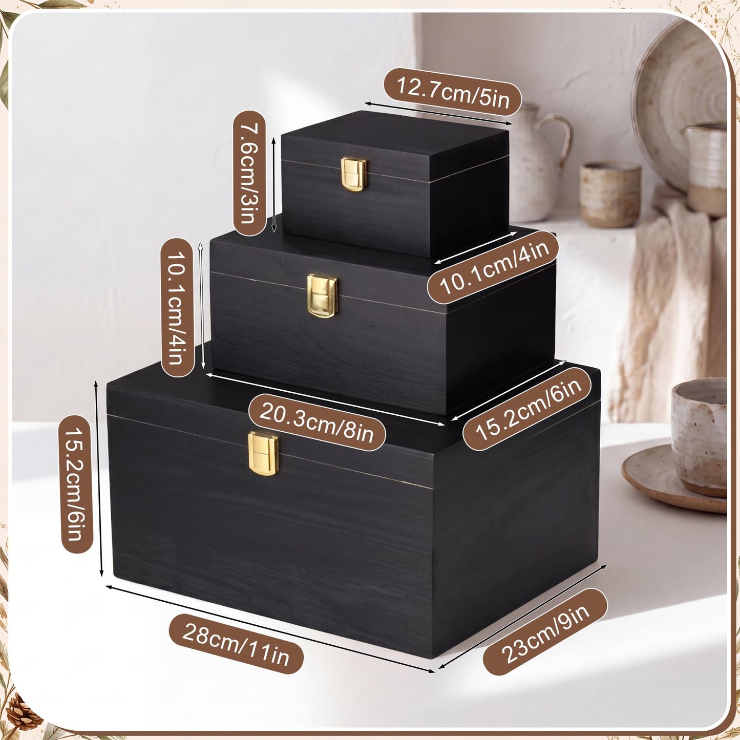 Novabright 3 Pack Wooden Keepsake Box, 3 Size Handmade Decorative Treasure Chest Box, Gift Ideas for Men & Women Jewelry Rings Storage(Black,Pine Wood,Simple)