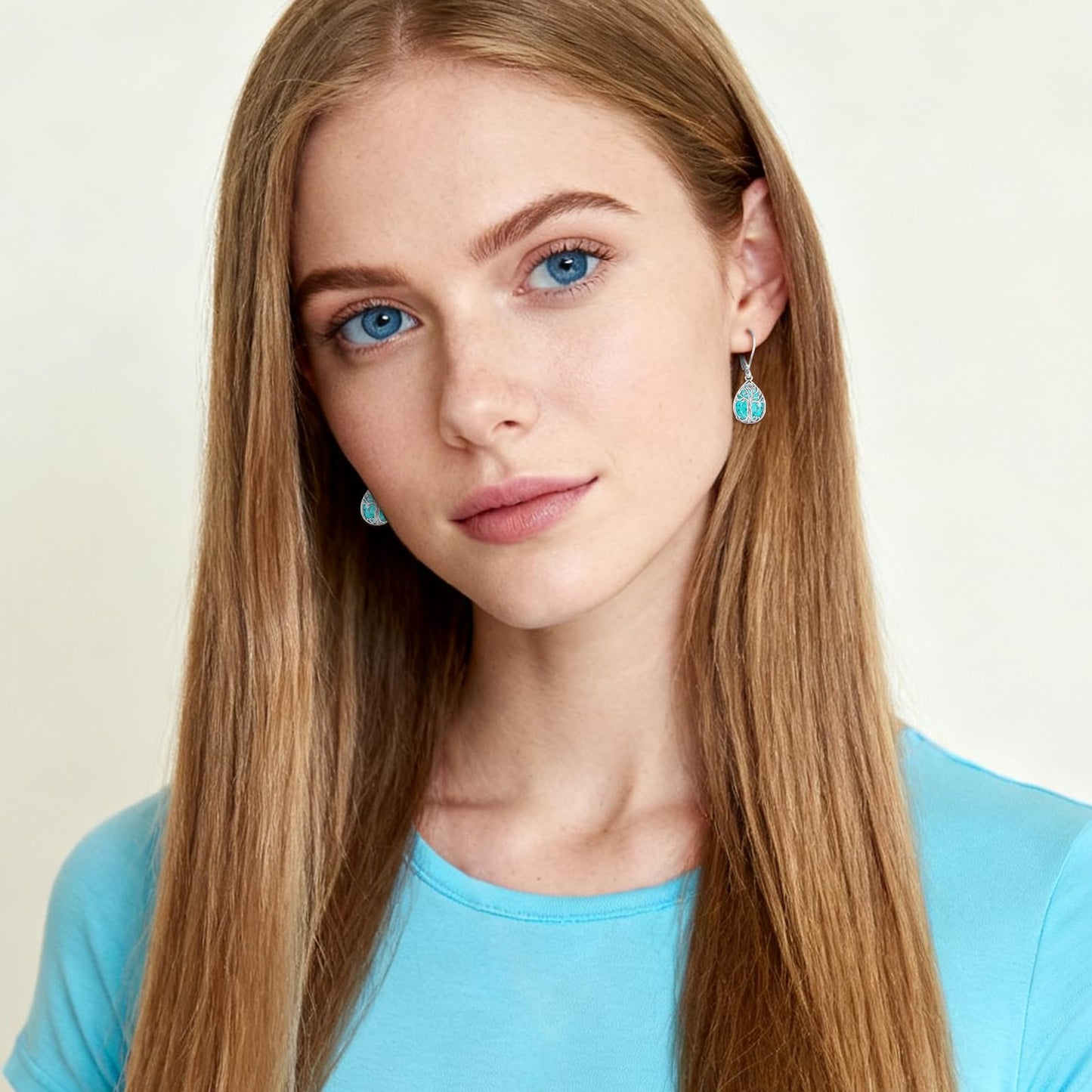 Eusense Tree of Life Earrings Sterling Silver Dangle Leverback Turquoise Earrings for Women Teardrop Drop Sterling Silver Tree of Life Jewelry Gift