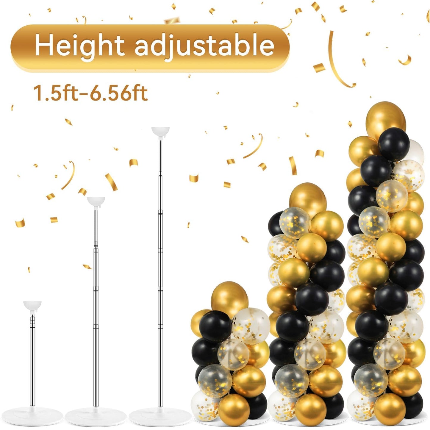 2 Sets Balloon Column Stand Kit with 100 Balloons Summer Adjustable Balloon Tower Stand with Bases for Floor Black Gold Balloon Arch Column for 50th Birthday Wedding Engaged Back to School Party Decor