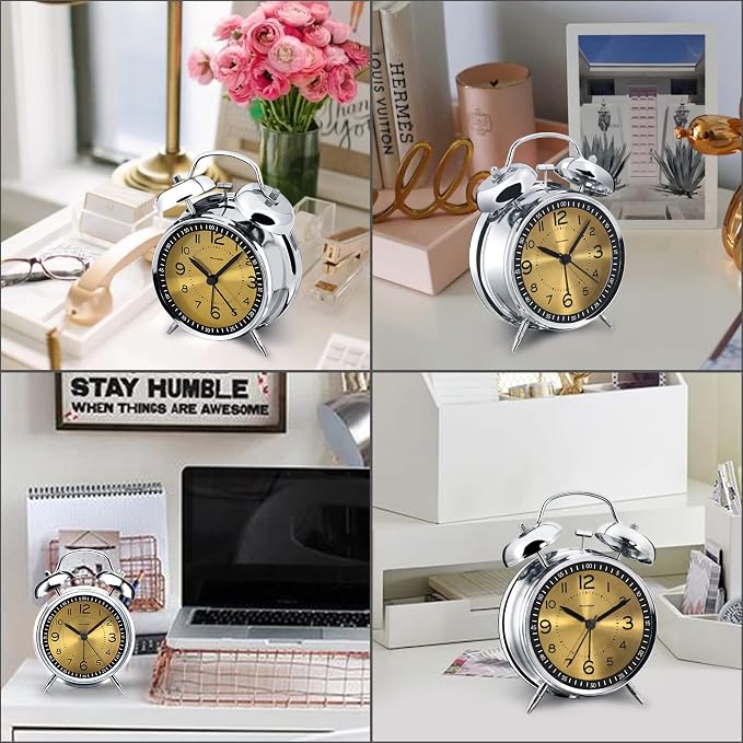Peakeep Loud Alarm Clock for Heavy Sleepers Adults, Metal 4.5 Inches | Twin Bell Battery Operated Analog Alarm Clocks for Bedrooms Kids' Room Decoration (Golden)