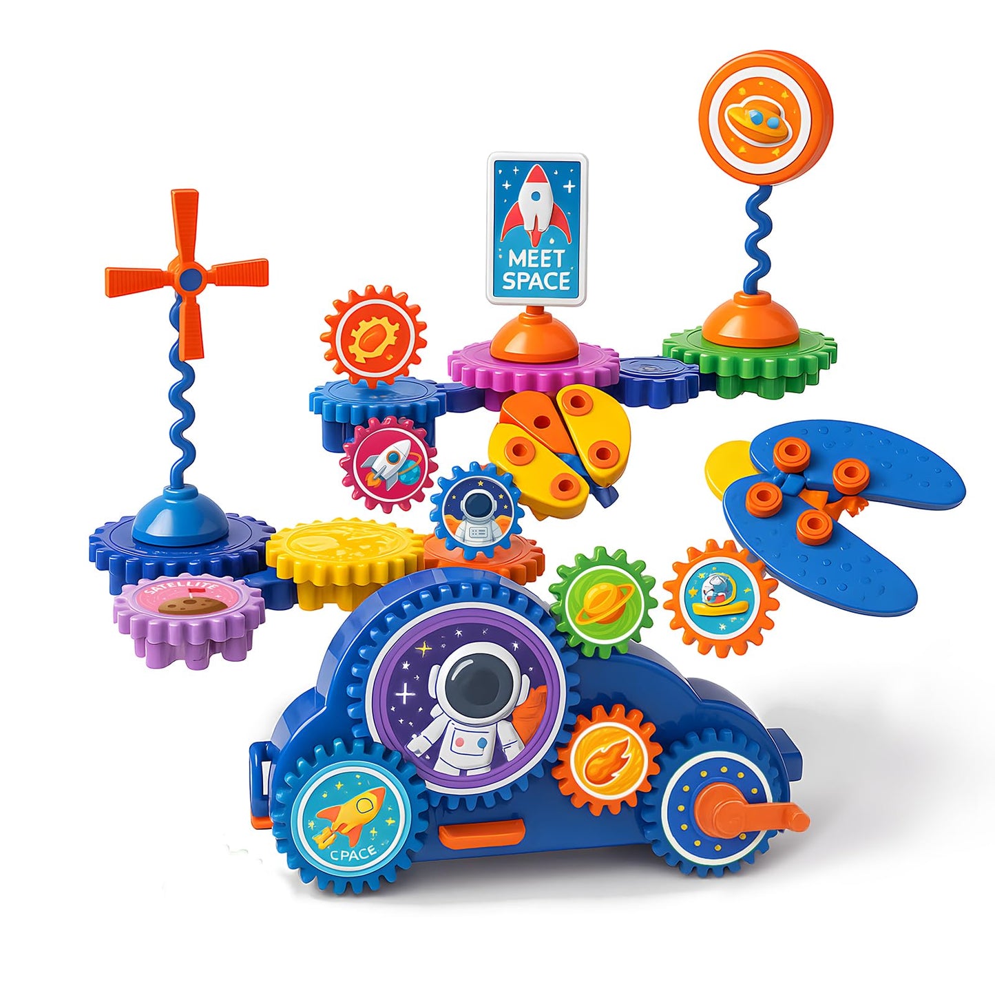 ROHSCE Motorized Spinning Gear Building Toys for Kids, Space Rocket STEM Construction Set, Educational Interlocking Building Blocks Puzzle | Gear Toys for Toddlers Ages 3-8