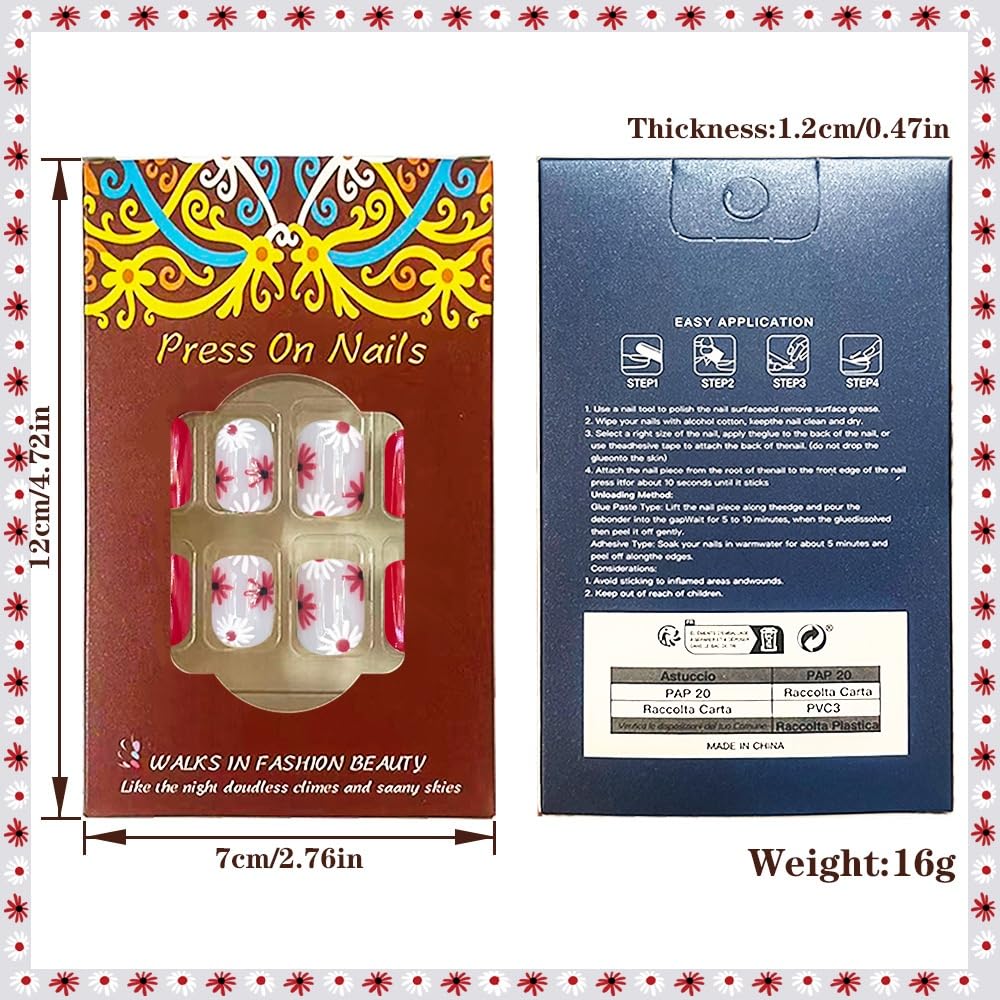 Flower Press on Nails Short Square Fake Nails with Red Floral Design Glossy Red Glue on Nails White Daisy Nails Press ons Reusable Full Cover Spring Summer Acrylic Nails for Women Manicure 24Pcs