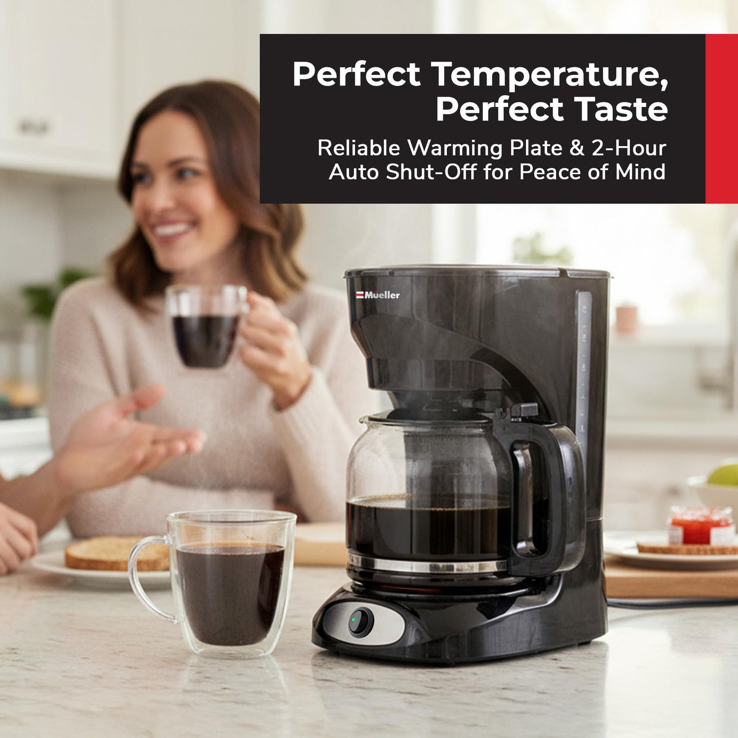 Mueller 12-Cup Drip Coffee Maker - Borosilicate Carafe, Auto-Off, Reusable Filter, Anti-Drip, Keep-Warm Function, Clear Water Level Window Coffee Machine, Kitchen Essentials & Accessories