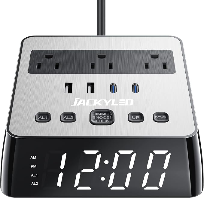 JACKYLED Alarm Clock with 4 USB Chargers, Power Strip 3 Outlets, 1700J