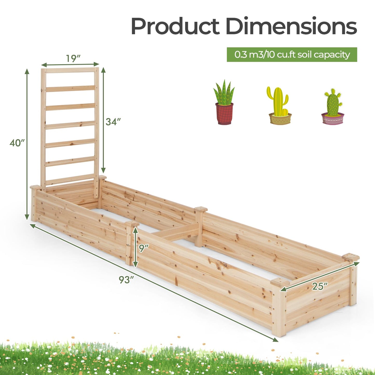 S AFSTAR Raised Garden Bed with Trellis & Planter Box, 93" L x 25" W x 40" H Outdoor Wooden Planter Box Kit for Flower Herb Vegetable Fruit Climbing Vines, Elevated Gardening Bed for Garden Patio