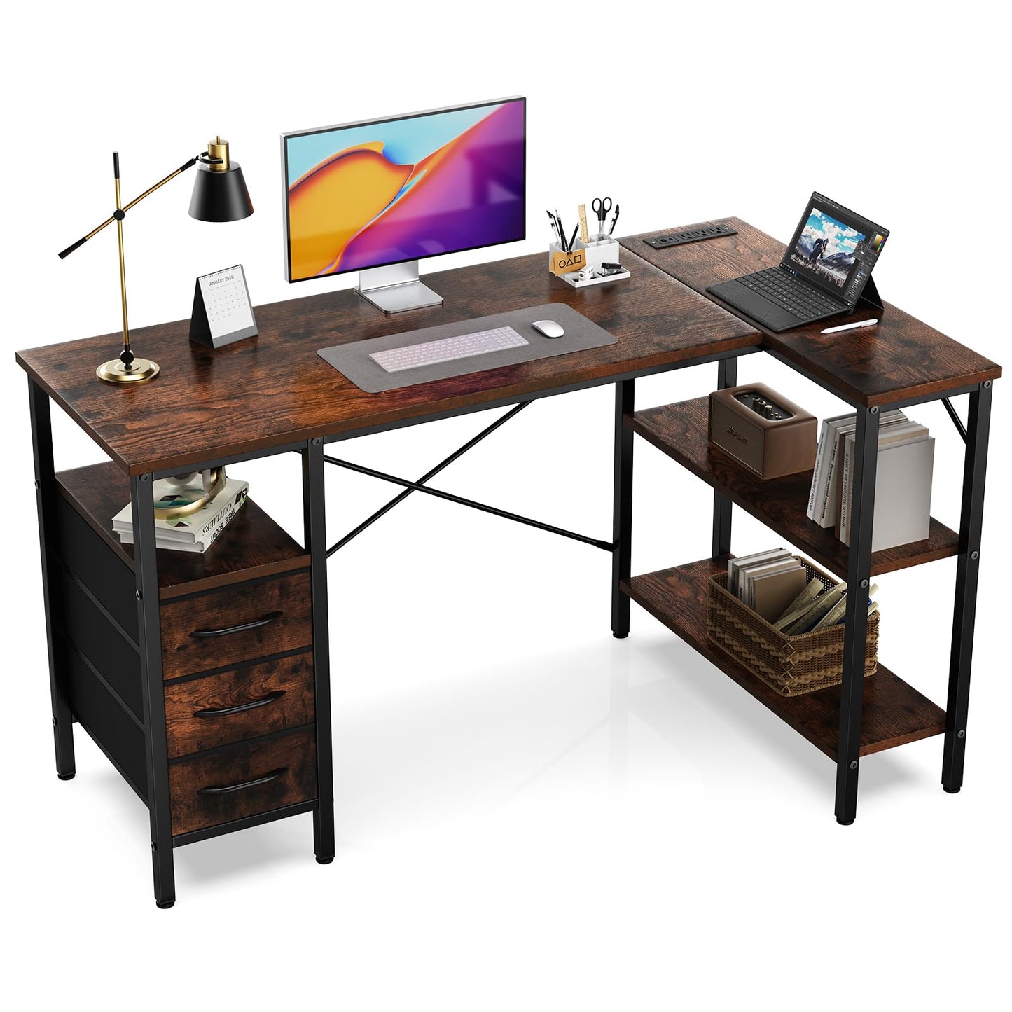 Simple Deluxe L Shaped Gaming Desk with Power Outlets, 47 Inch Computer Desk with 3 Drawers, Shelves, Corner Computer Desk for Gaming, Corner Work, Home Office, Study, Rustic Brown