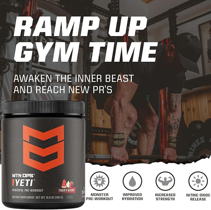 MTN OPS Yeti Pre-Workout Powder Energy Drink with Creatine, 200mg Caffeine & BCAAs with Beta Alanine, 30-Serving Tub, Peach Zing