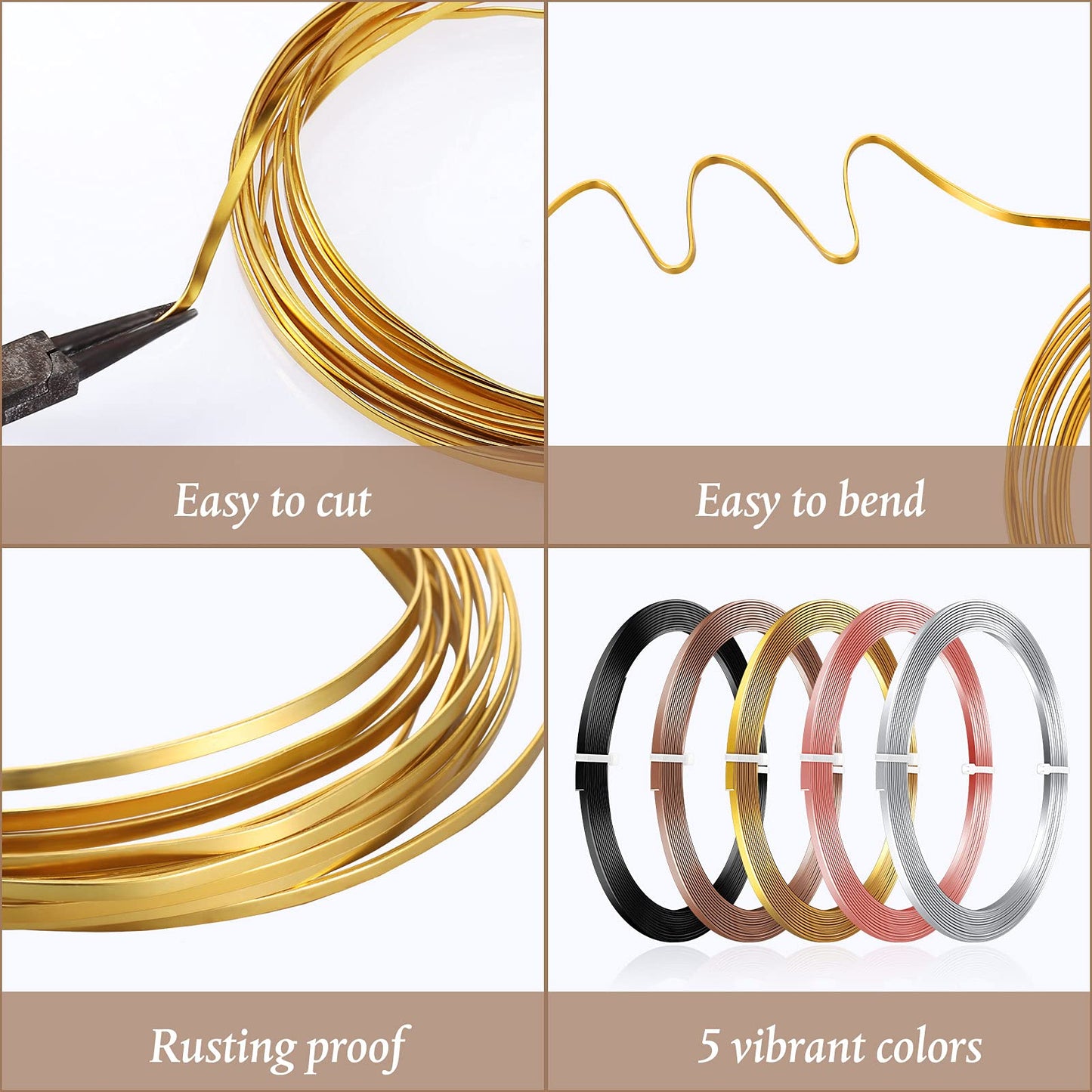 Hotop 5 Rolls Flat Aluminum Wire Bendable Anodized Craft Wire for Jewelry Making Soft Metal for DIY Bezel Sculpting, 16.4 Feet 3 mm, Gold, Silver, Black, Light Copper, Brown