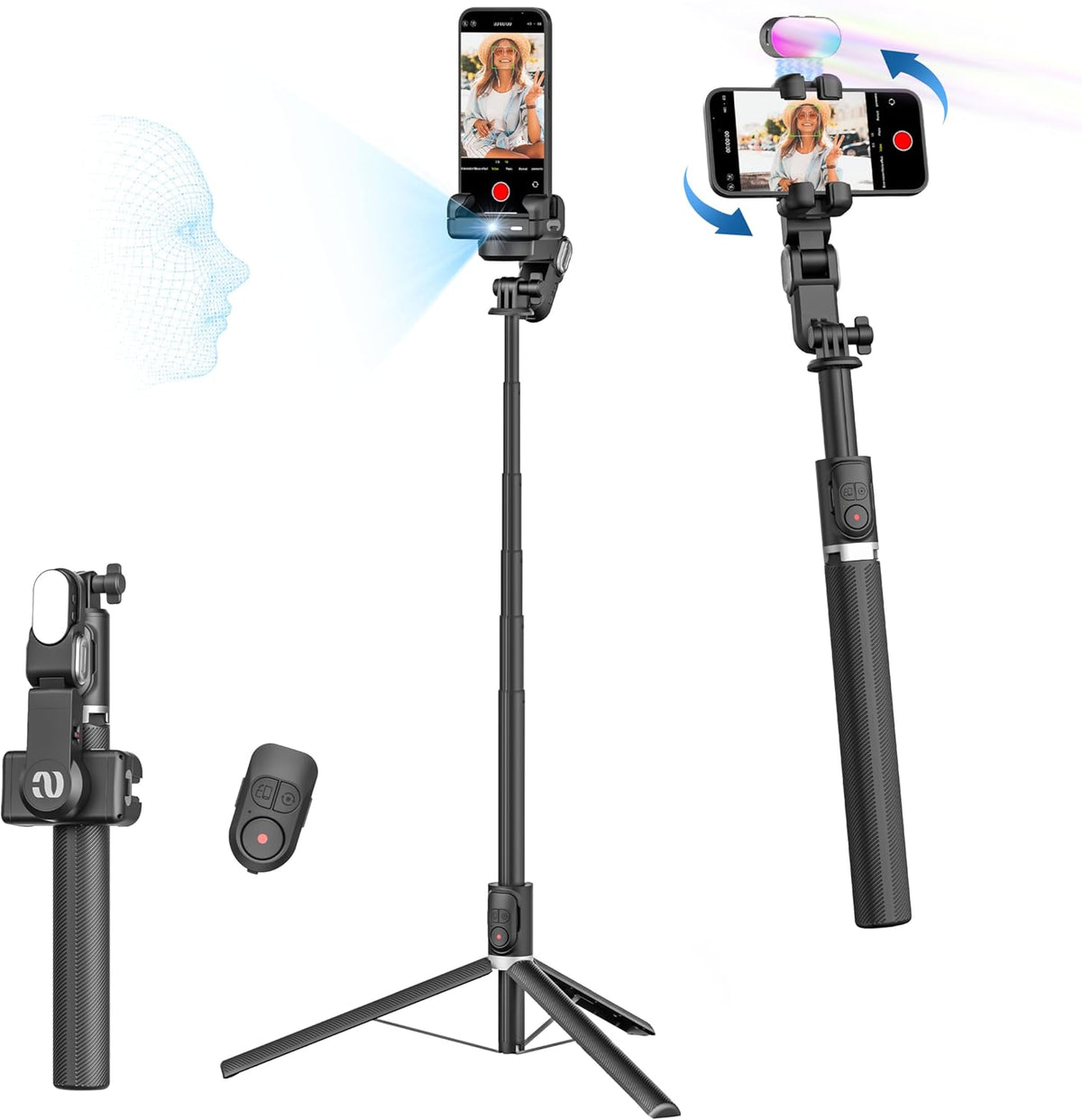 Auto Face Tracking Tripod 360 Rotation w/Stand,Selfie Stick Tripod for iPhone Android w/RGB Light,Remote Control,Phone Stand Follow You for Video Recording for TikTok Vlogging(M2Pro Black)