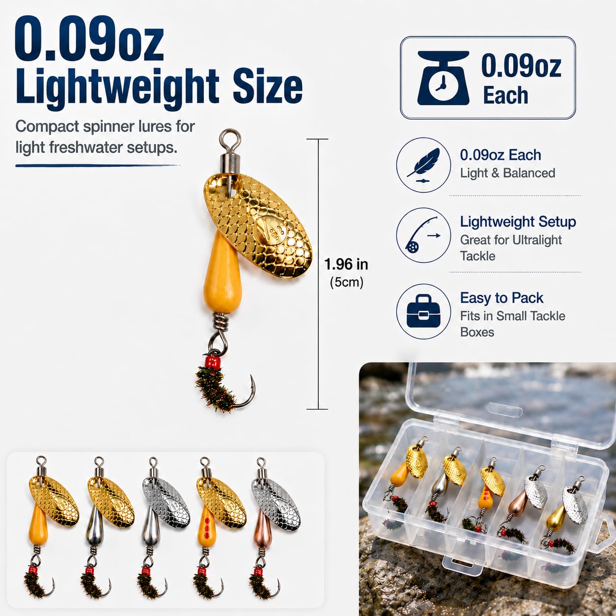 Zylaxio Trout Spinners, 5PCS Spinner Fly Fishing Lures, 1.96in Brass Inline Spinner Lures, 0.09oz Set for Trout Bass Salmon Pike, Creek Stream River Fishing