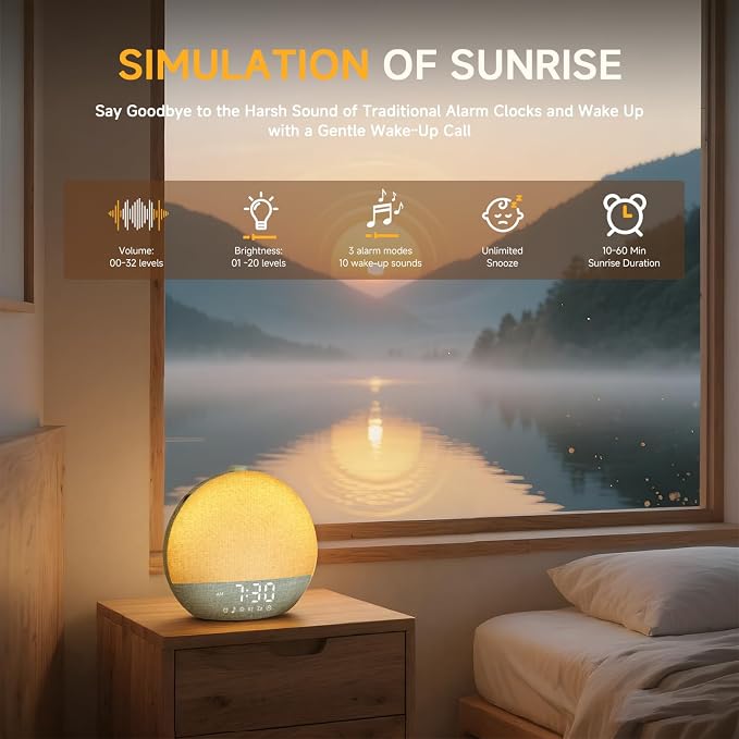 Geuuap Sunrise Alarm Clock White Noise Machine with Bluetooth Speaker,Green | 30 Soothing Sounds, 17 Dimmable lights, Simulated Sunrise, Backup Battery Memory, Auto-off Sleep Timer, Screen-Free Design