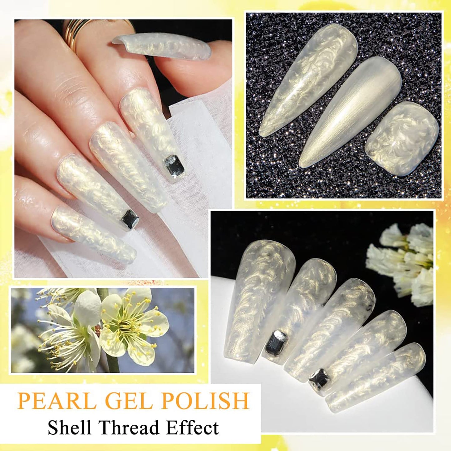 Vishine Pearl Gel Nail Polish Set 4 Color Pearlescent Shell GlitterMilky White Green Purple Shimmer Mermaid Nail Gel Polish Soak Off LED UV Curing Requires Swirl Thread Effect DIY Manicure 8ml
