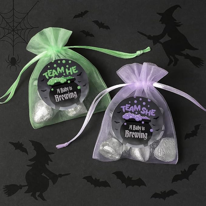 Baby is Brewing Halloween Gender Reveal Stickers 40ct – Bubbling Witch Cauldron Team He or Team She in Purple & Green