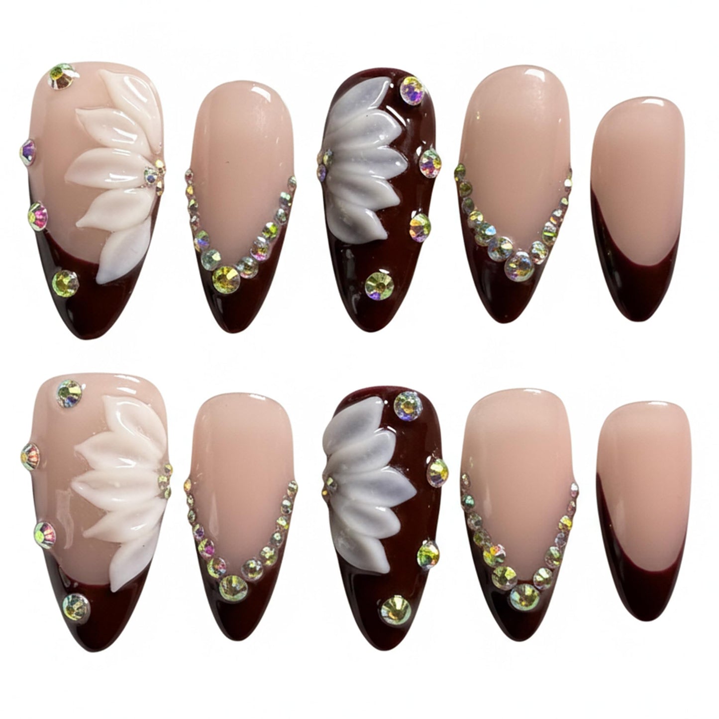 Handmade Press On Nails Almond Medium Elegant Cherry Red French With Rhinestone Detail Handmade Nails 3d Dloral Reusable Wedding Prom And Festival Acrylic Press On Nails (Medium)