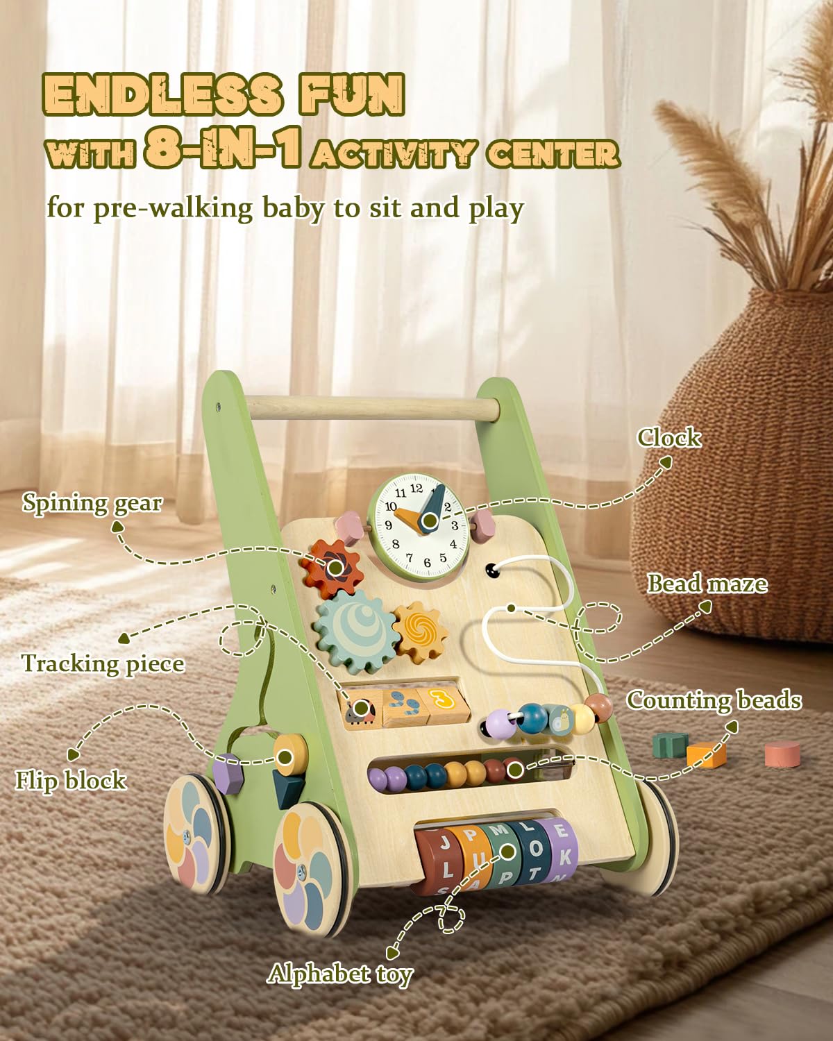 Wooden Baby Walker with Wheels, Push Walker for Baby Boy 12 Months, Baby Activity Center Sit to Stand Walker Small Size
