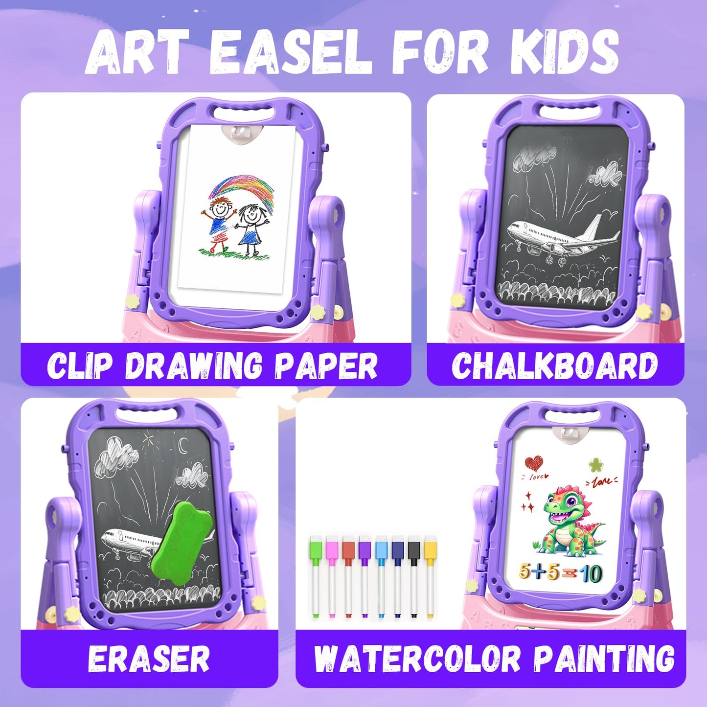 Juivin Art Easel for Kids Double Sided Magnetic Drawing Board with Letters & Numbers, Adjustable Standing Easel for Toddlers, Creative Play & Learning Toys for Girls - Purple