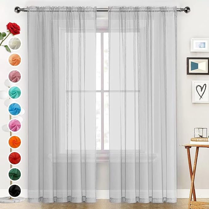SpaceDresser Basic Rod Pocket Sheer Voile Window Curtain Panels Silver Grey 1 Pair 2 Panels 52 Width 84 Inch Long for Kitchen Bedroom Children Living Room Yard（Silver Grey, 52W x 84L）