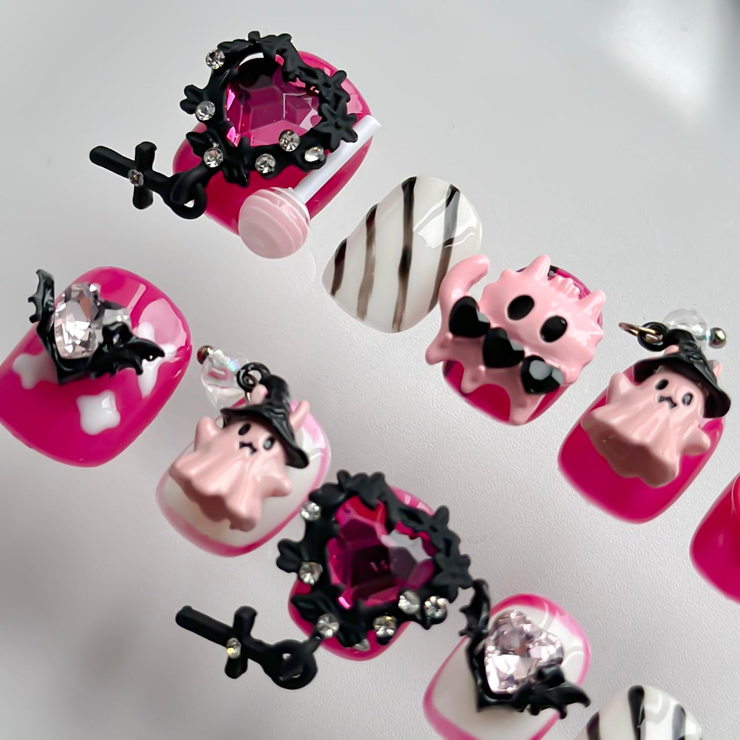 Halloween Press on Nails Short Square Cute Handmade Nails 3D Unique Reusable ABS Material Fake Nails Pink False Nails with Designs Cute Ghost Heart Charms Glossy Glue on Nail Thick Acrylic Nail(M)