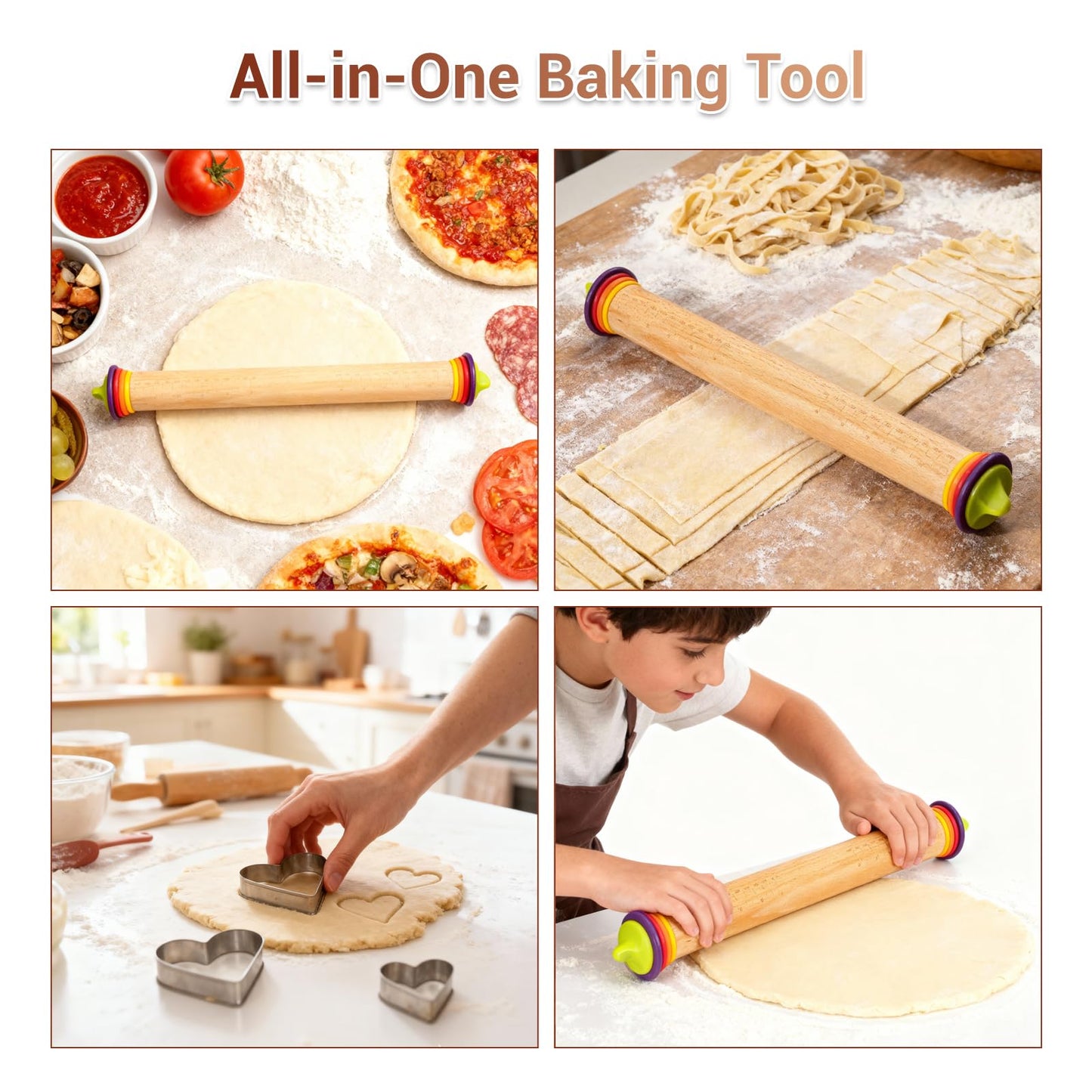 Adjustable Rolling Pin with Thickness Rings, Wooden Dough Roller & 12 Stainless Steel Cookie Cutters Set – 5-in-1 Baking Kit for Pizza, Fondant, Pie, Cookies, Pastry, 17" Non-Stick Wood