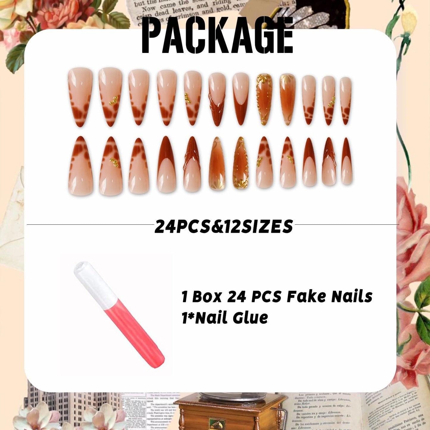 IMSOHOT Press on Nails Long Stiletto Fake Nails Brown Crocodile Print French Tips False Nails with 3D Chrome Gold Pattern Designs Glossy Acrylic Handmade Glue on Nails 24Pcs