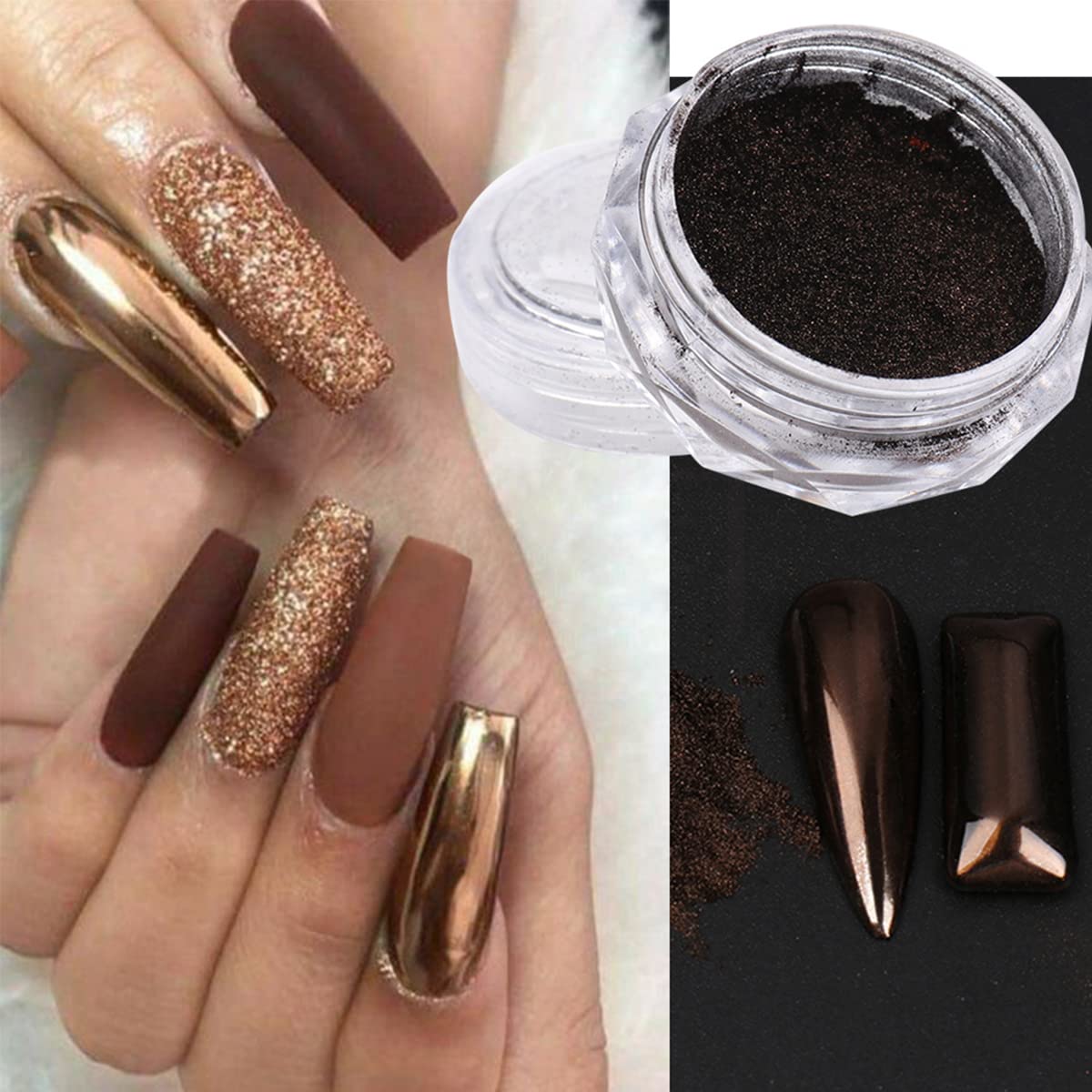 Magic Chrome Nail Powder Holographic Metallic Mirror Effect Silver Copper Black Brown Manicure Glitter Pigment for Nails Art Design, Chrome Powder for Gel Nails Decoration with Tools