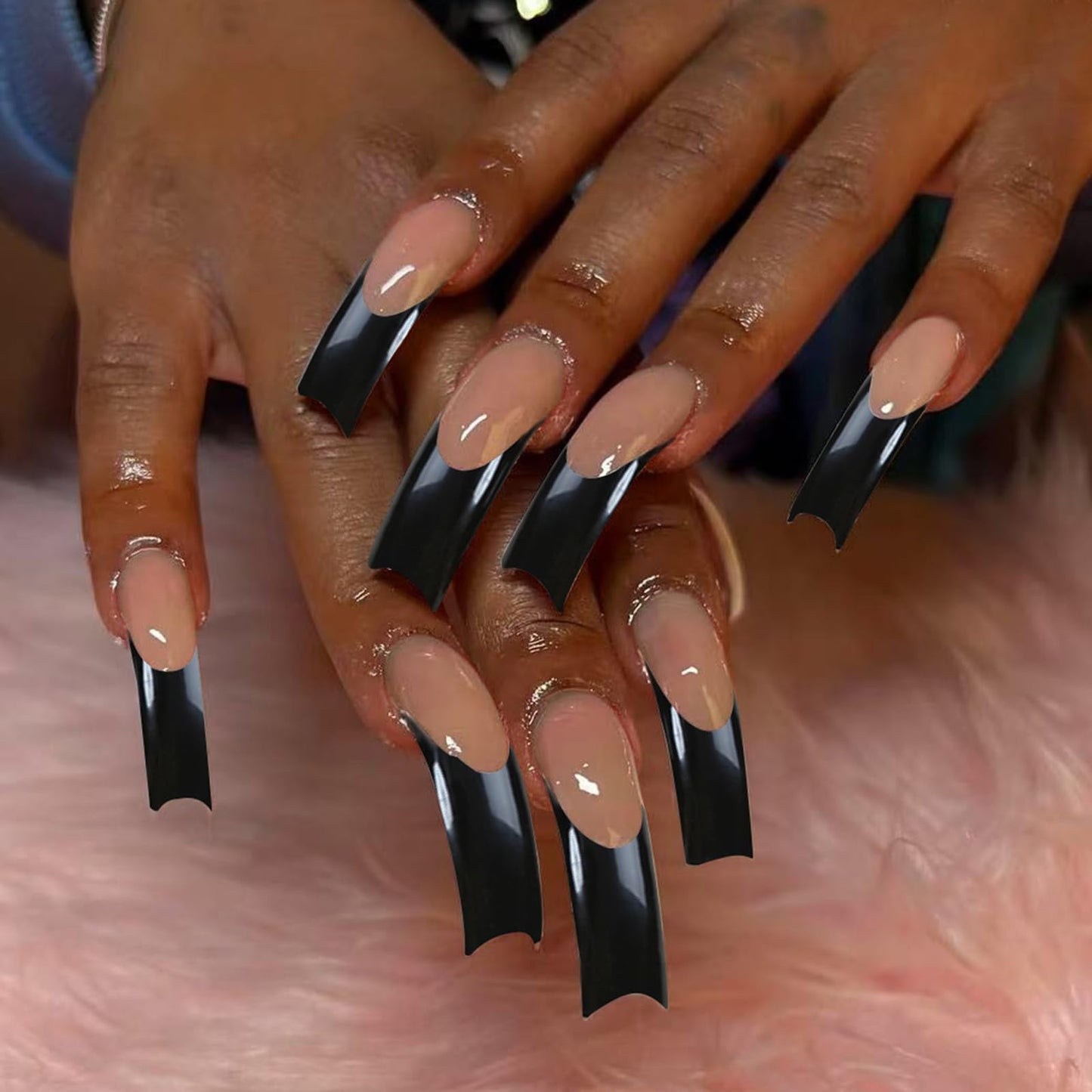 IMSOHOT Curved Press on Nails Extra Long Fake Nails Black French Tips False Nails Full Cover Glossy Stick on Nails for Women 20Pcs