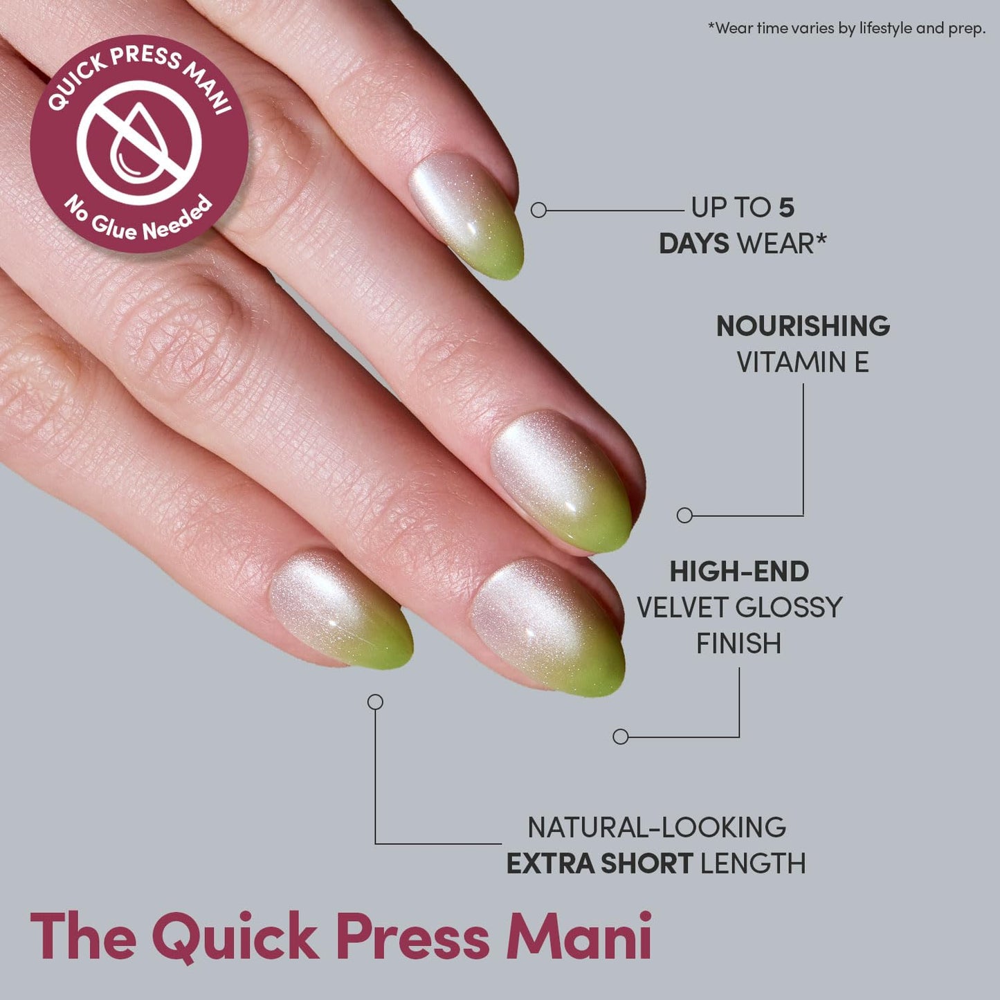 Glamnetic Quick Press Mani - No Glue Press On Nails, Just Peel and Stick, Almond Extra Short Nails, Mess Free, Salon Quality Stick On Nails, Lime Beam | in 15 Sizes - 30 Nail Kit | Gift For Mom