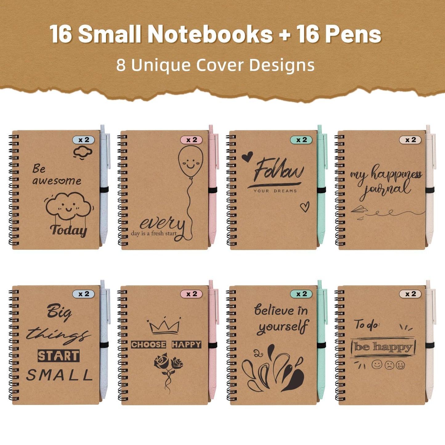 Dynta 16 Set Inspirational Journals Bulk, 4"x5.5" Small Spiral Notebooks with Pens, Motivational Office School Supplies, Gifts for Coworkers Employees Students