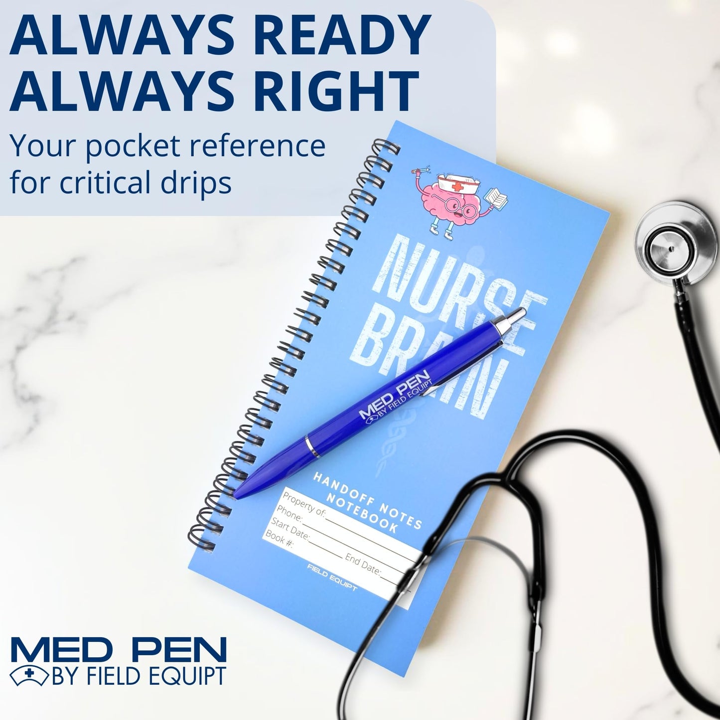 Field Equipt Med Pen Pens for Nurses, Retractable Cheat Sheet, Nursing School Essentials, Medical Assistant and Nurse Gifts for Women, 5 Pack (Blue)