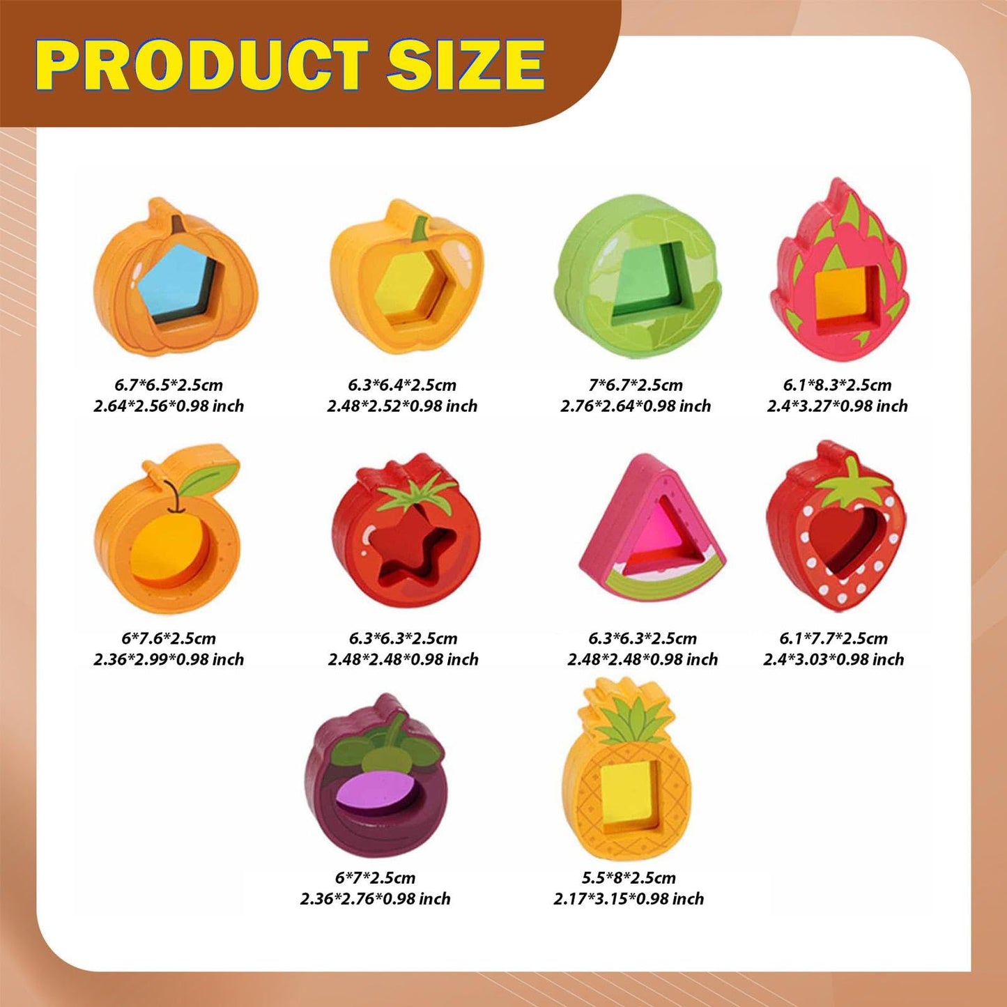 Wooden Stacking Blocks for Kids, 10-Piece Sensory Toy Set with Acrylic Fruit & Vegetable Shapes, Fine Motor Skills Gift for Boys Girls