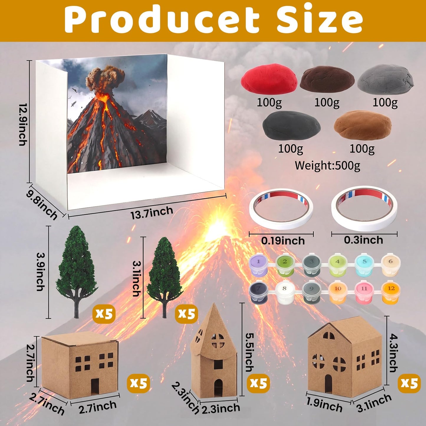 ReliThick 30 Pcs Volcano Diorama Kit Volcano Science Kit Diorama Science Project Model Miniature Village Model Trees Clay Acrylic Paints Display Box and Accessories DIY