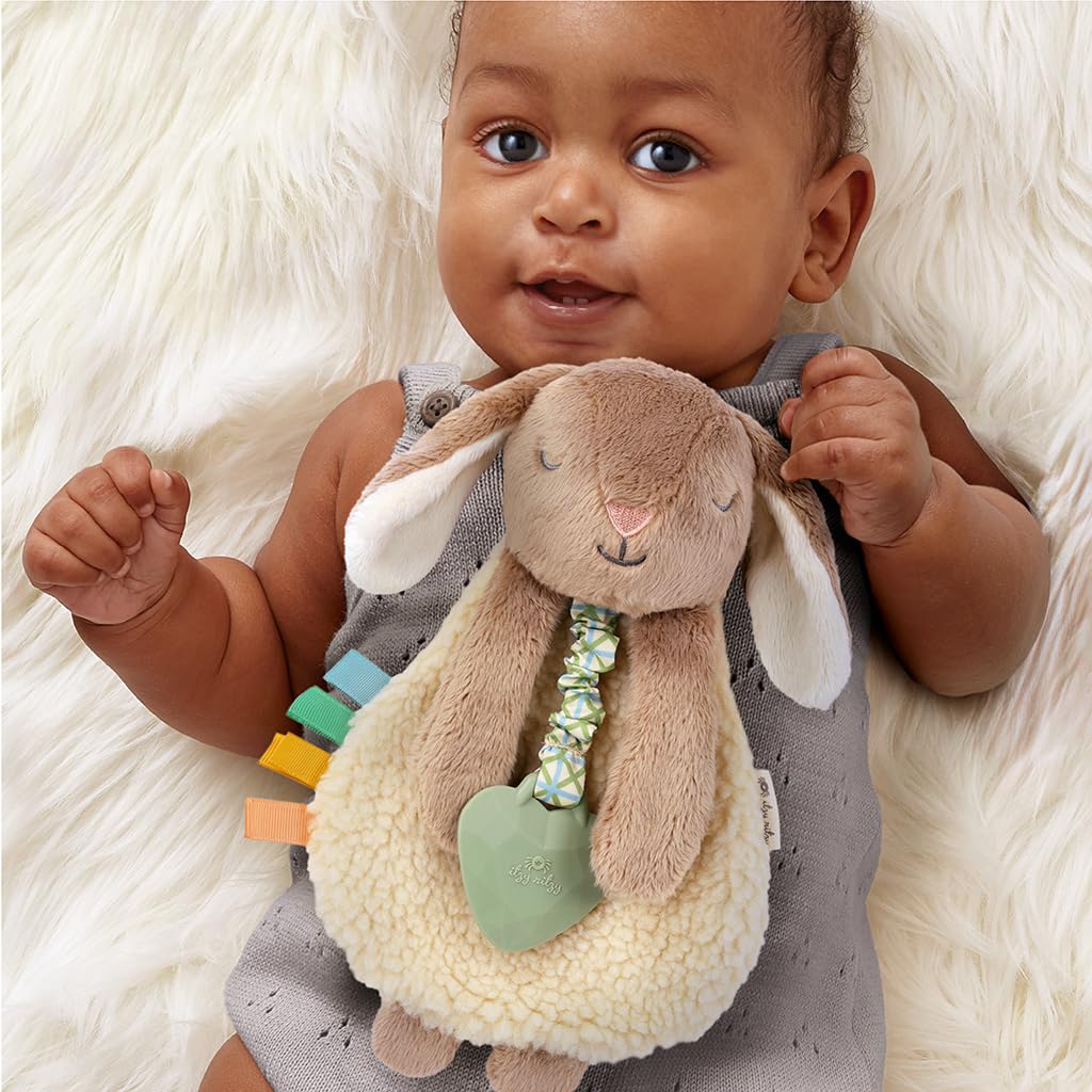 Itzy Ritzy - Itzy Lovey Including Teether - Baby Lovey with Teether, Textured Ribbons & Dangle Arms - Features Crinkle Sound, Sherpa Fabric and Minky Plush (Taupe Bunny)