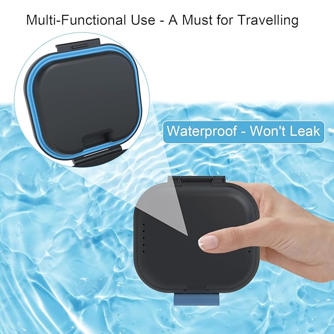 BVN Leakproof Denture Cup, Upgraded Carrying Storage, Denture Bath Box with Filter, Denture Cup for Soaking Dentures, Travel Retainer Cleaning Case (Black+Blue).