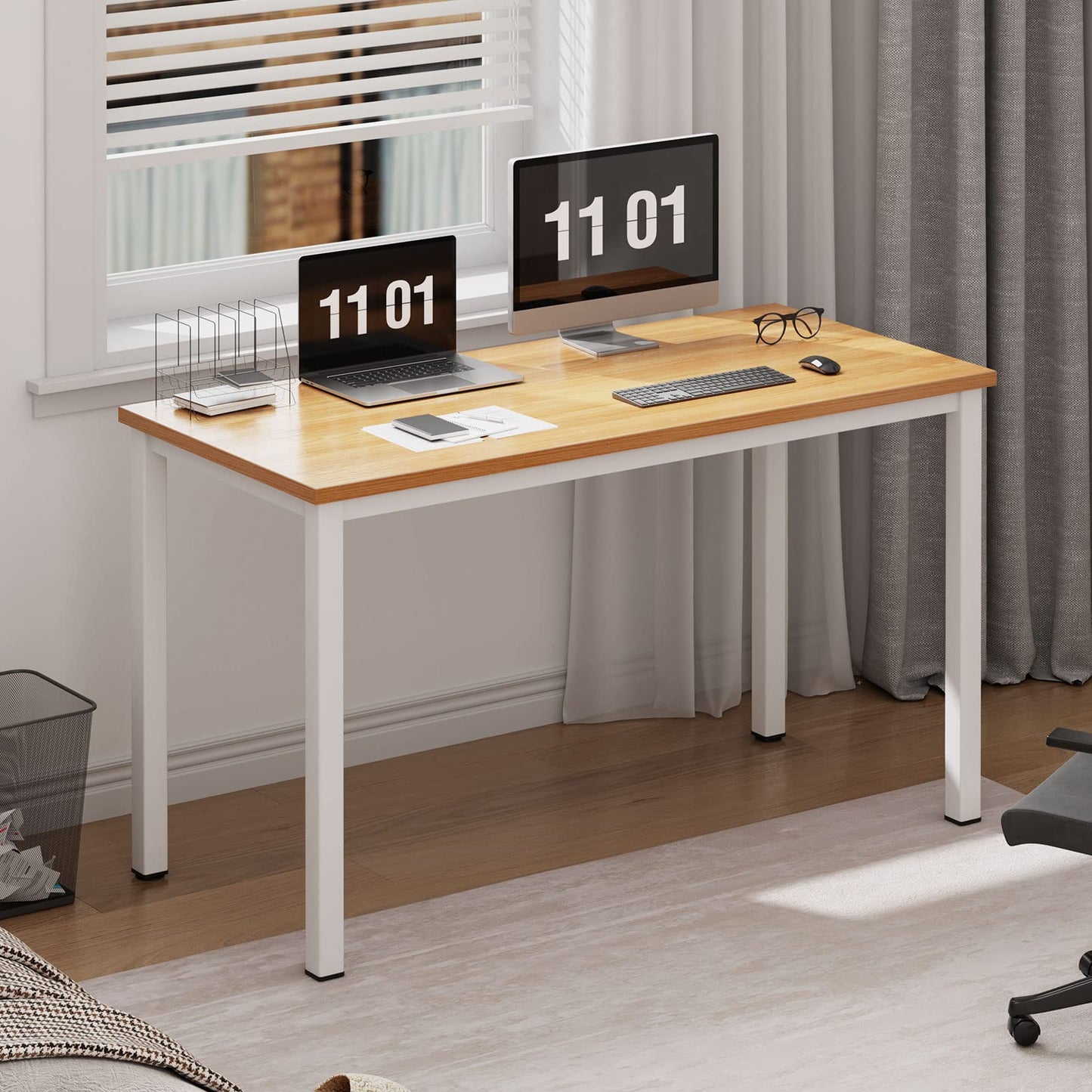 Need Computer Desk, 47 inch Home Office Desk, Modern Simple Style Home Office Gaming Desk, Basic Writing Table for Study Student, White Metal Frame, Teak Tabletop