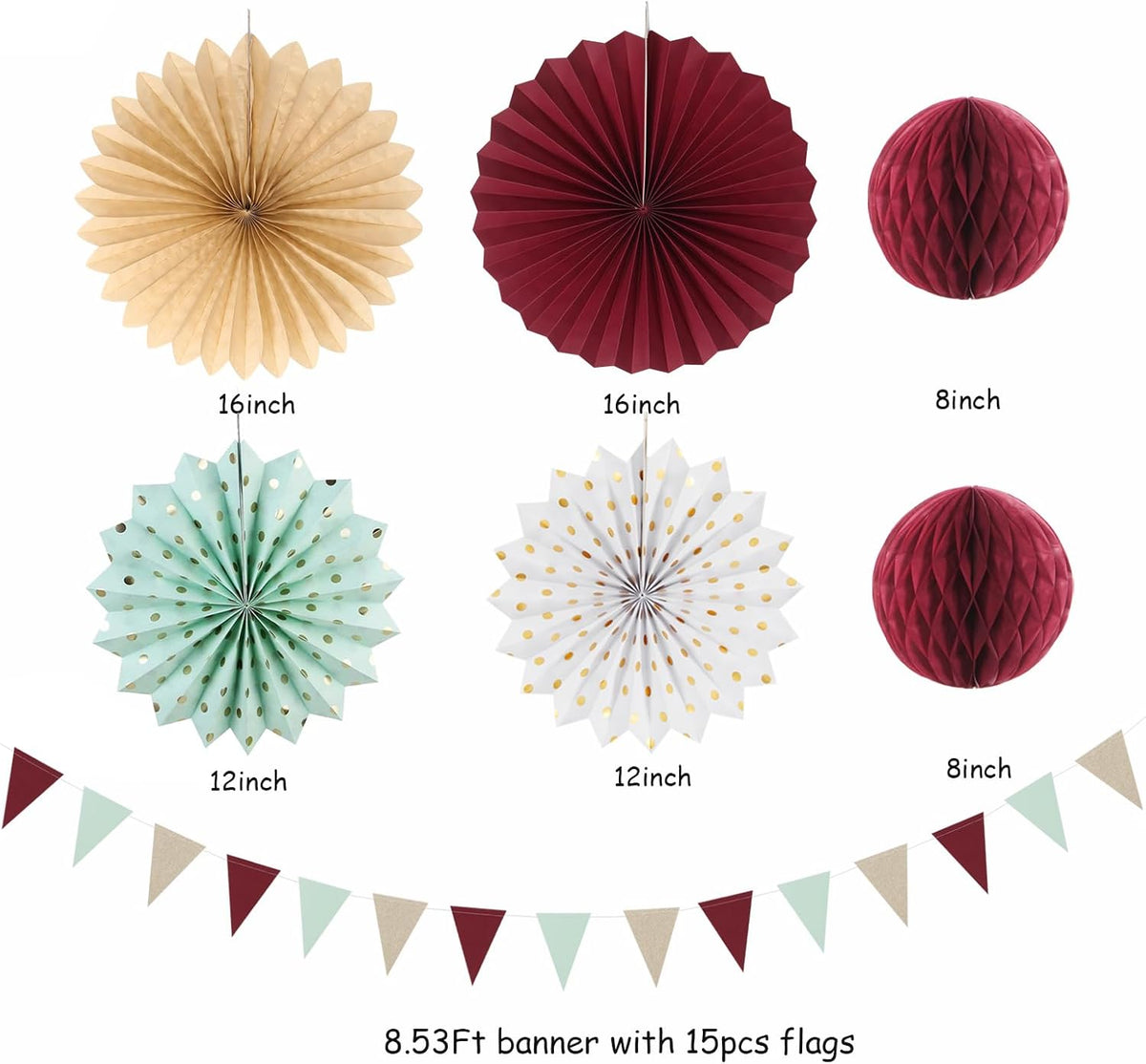 Sage-Olive Green Burgundy-Champagne Boho Party-Decorations - 20pcs Birthday Paper Lanterns Fans,Tissue Pom Poms,Honeycomb Balls,Bunting,Christmas Bridal Baby Shower Wedding Engagement Decor Burgleda