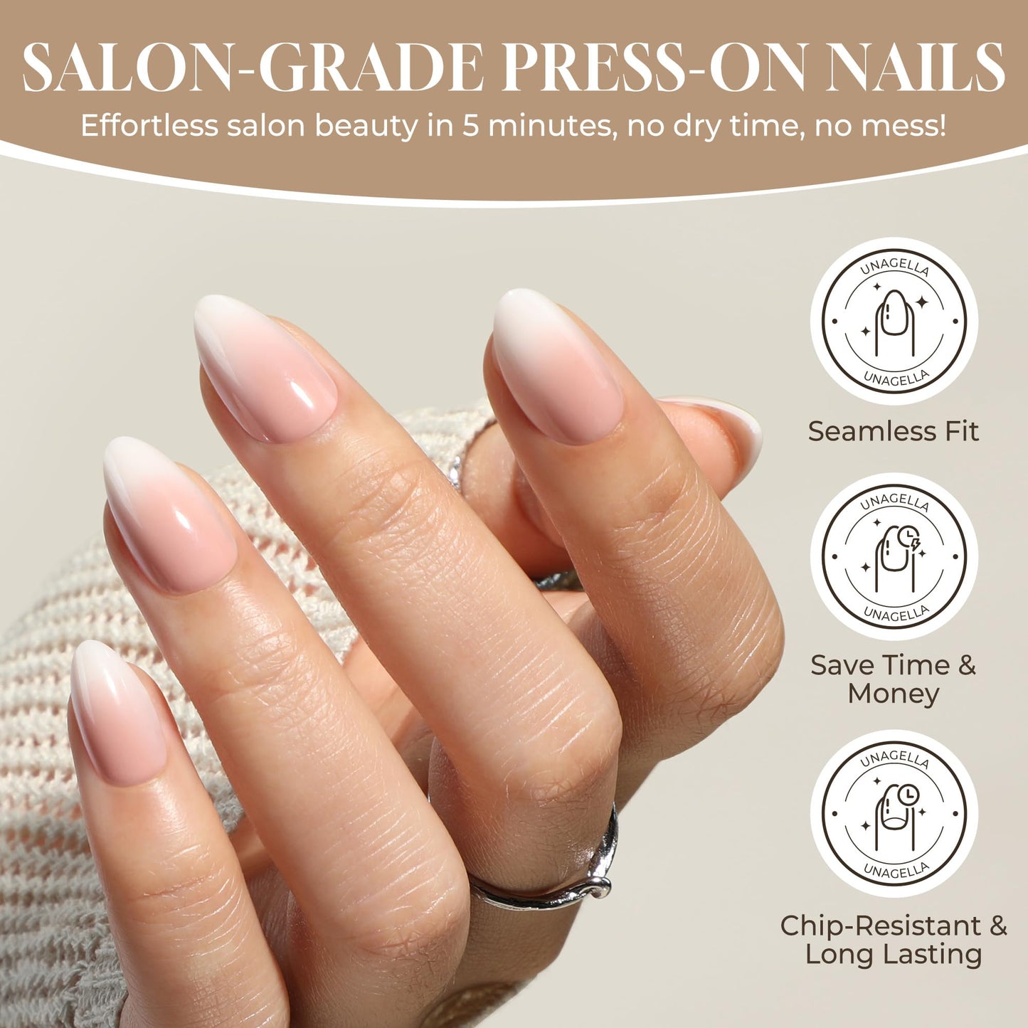 UNA GELLA Press On Nails Short Almond: Ombre Soft Gel Press Ons Kit with Nail Tips Glue on Nails, 16 Sizes - 32 Reusable Fake Nails, Pink Cream