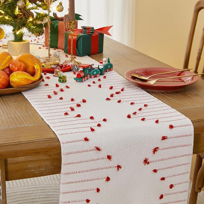 Wracra Christmas Table Runner, Natural Cotton Woven Macrame Table Runners 48 Inches Long for Christmas Decorations,Modern Farmhouse Woven Home Decor, 14x48 Inch, Red