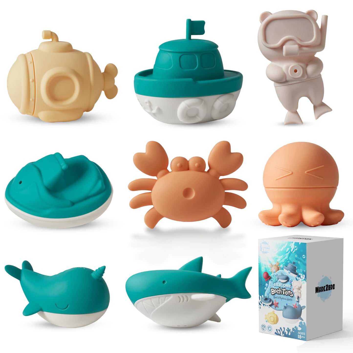 MarcZero Ocean Silicone Bath Toys 8Pcs for Toddlers Kids Babies,Bathtub Water Toys,Soft Squeezable Easy-Grip Pool Toys Set (Green)