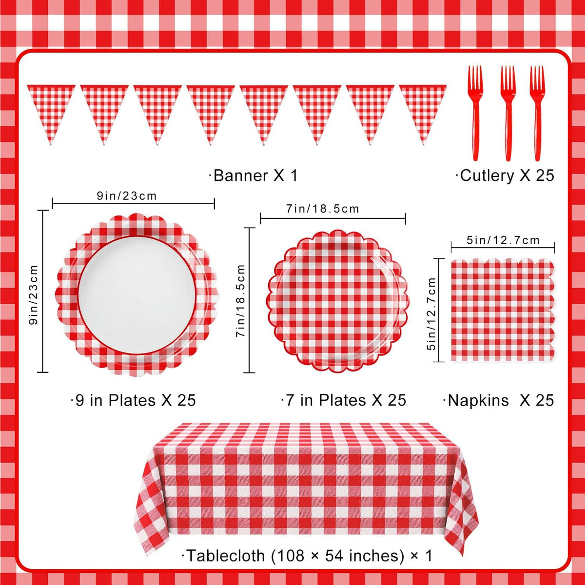 102 PCS Red Gingham Party Supplies - Scalloped Plates, Napkins, Cups, Forks, Banner, Gingham Tablecloth for Baby Shower, Birthday, Picnic Party Decorations, Serves 25