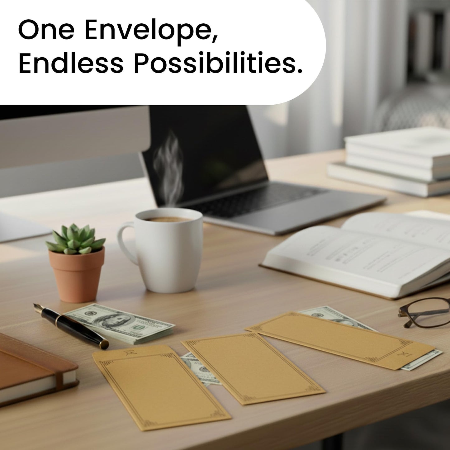 Envelex 100 Pack Brown Cash Envelopes with Black Pen, 3.2" x 6.6" 130 GSM Paper Envelopes with Gummed Flap for Seed Packets, Key Envelopes, Jewelry, Ticket Envelope & Small Parts