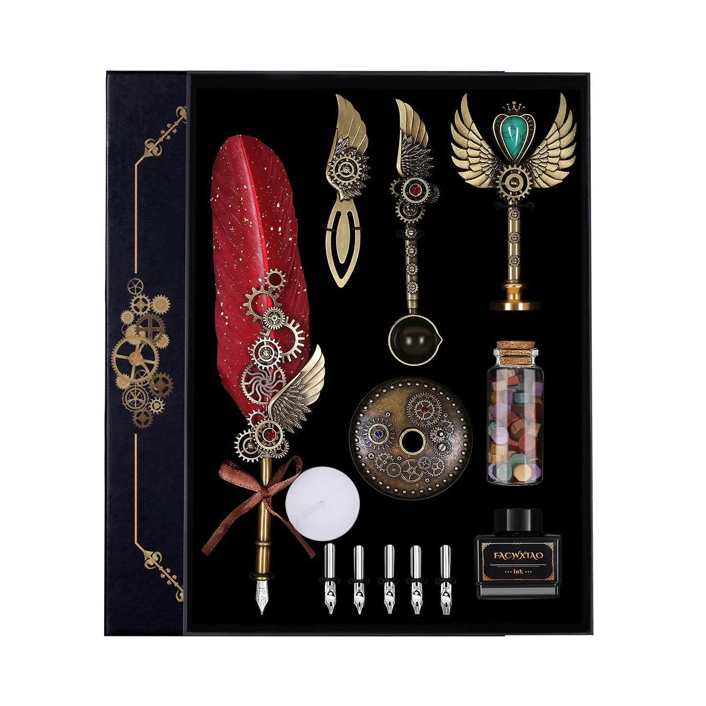 Facwxiao Quill Pen Set, Feather Pen, Ink, Bookmarks, Seals, Nibs, Wax Bead, Envelopes, Writing Paper, Gift Box, Red