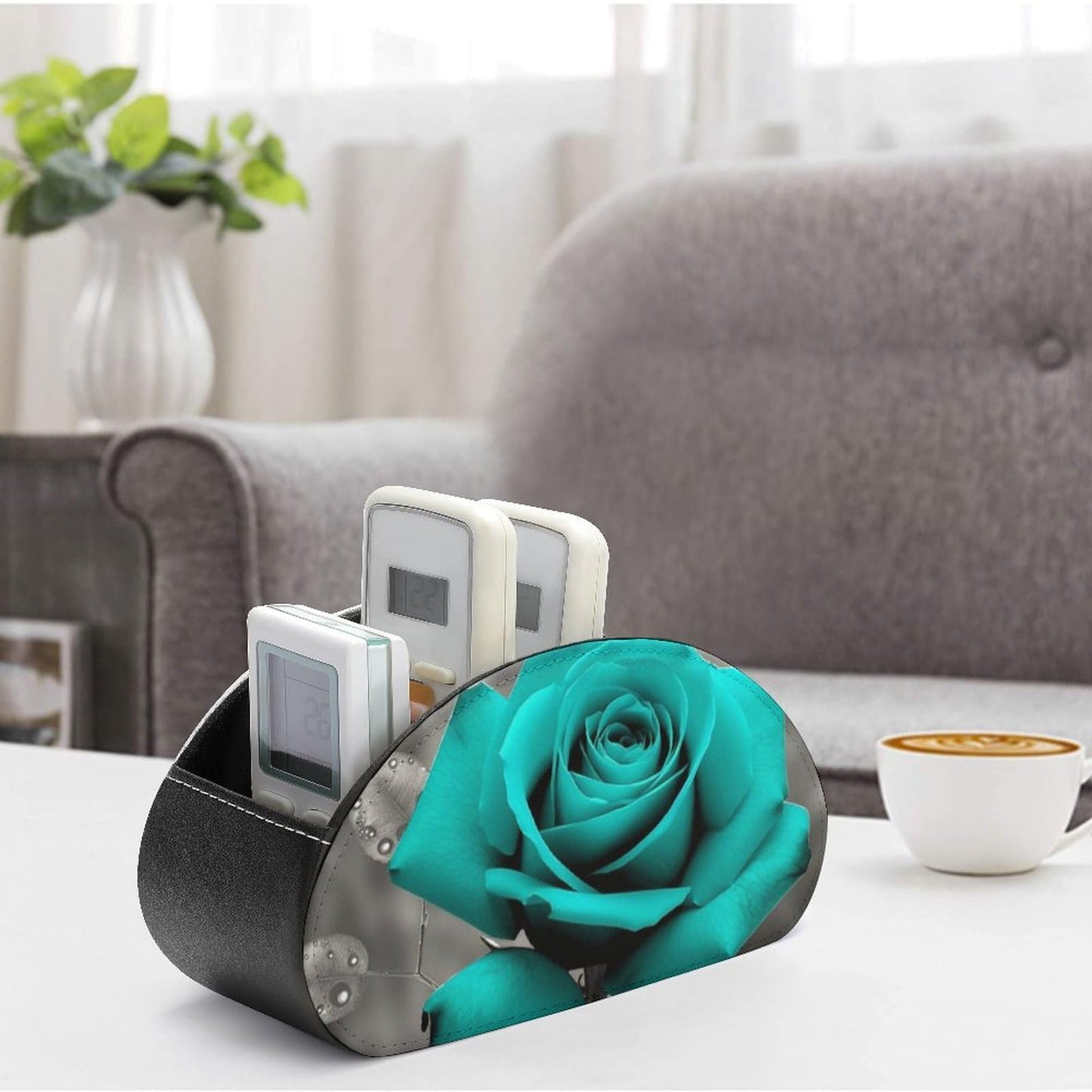 POTSCBVW Teal Grey Rose Remote Control Storage Box with 5 Compartments Leather Remote Control Organizer Box for End Table Stylish TV Accessory Holder for Living Room Bedroom Office