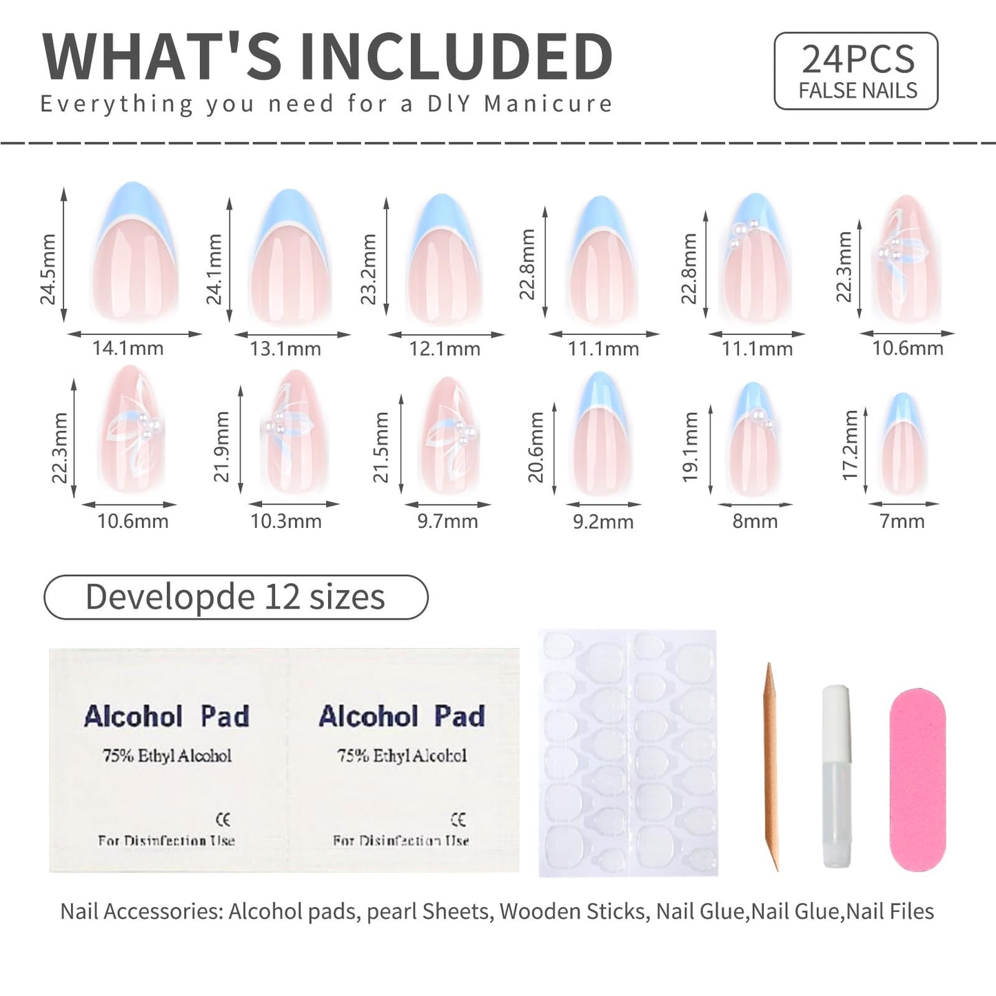 Blue French Tip Almond Press On Nails with Glue, Acrylic Butterfly Pearl Fake Nails for Women, Elegant Handmade 3D Stick On Nails, 24Pcs Reusable Medium Length False Nails for Wedding Party Daily