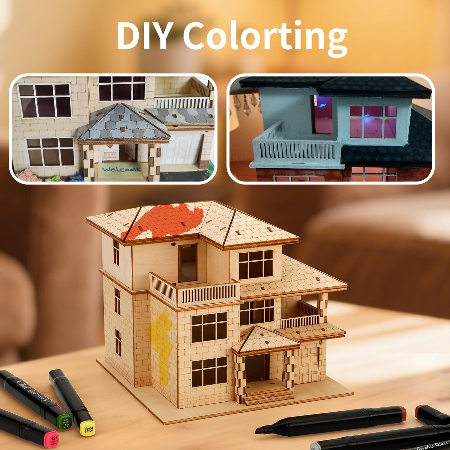 3D Wooden Puzzles for Adults,DIY Color Modern Villa Wooden Model Kits,Creative Art Ornaments,Gift on Birthday