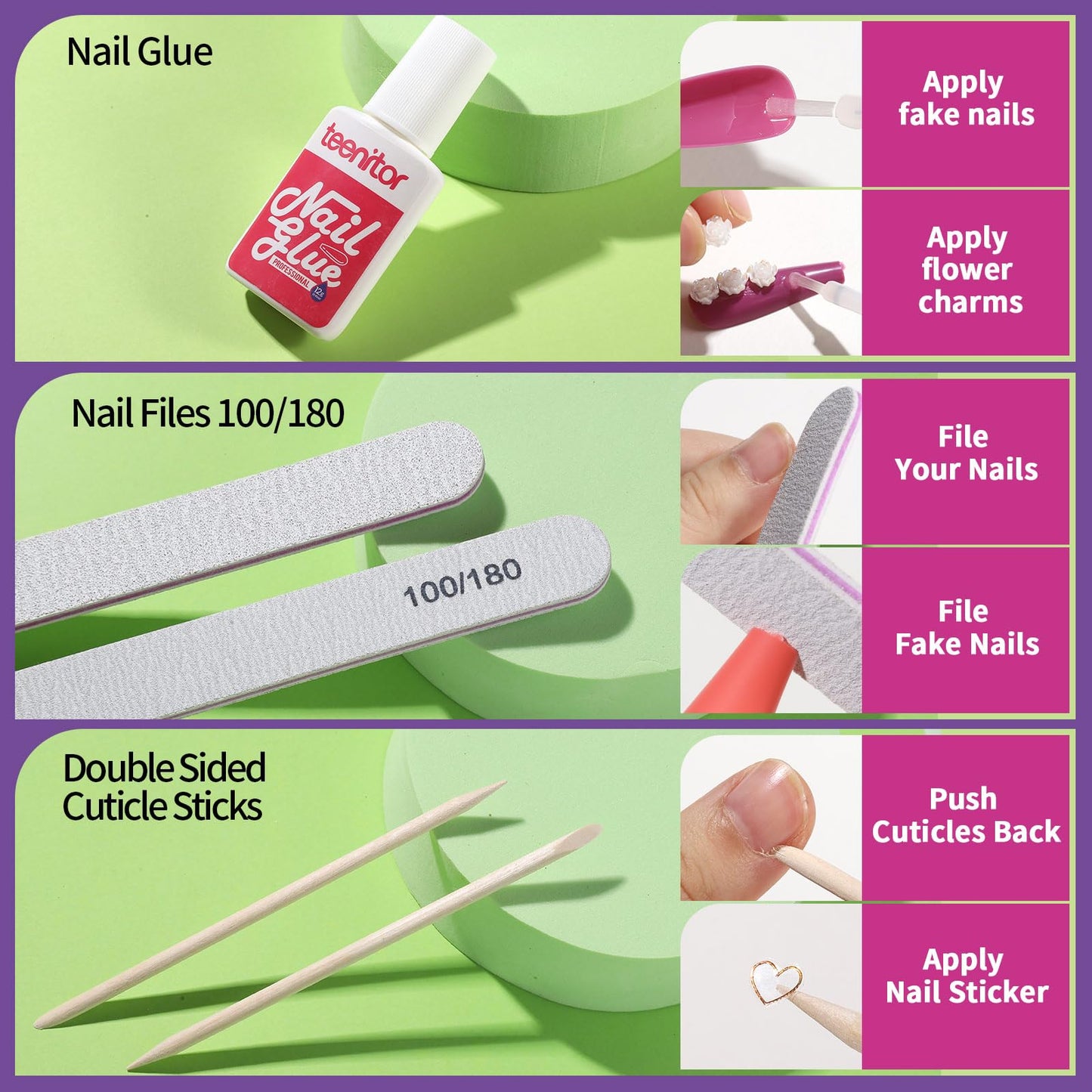 Teenitor Long Fake Nails Kit - 10 Colors Matte & Glossy, 4 Glitter Press On Nails